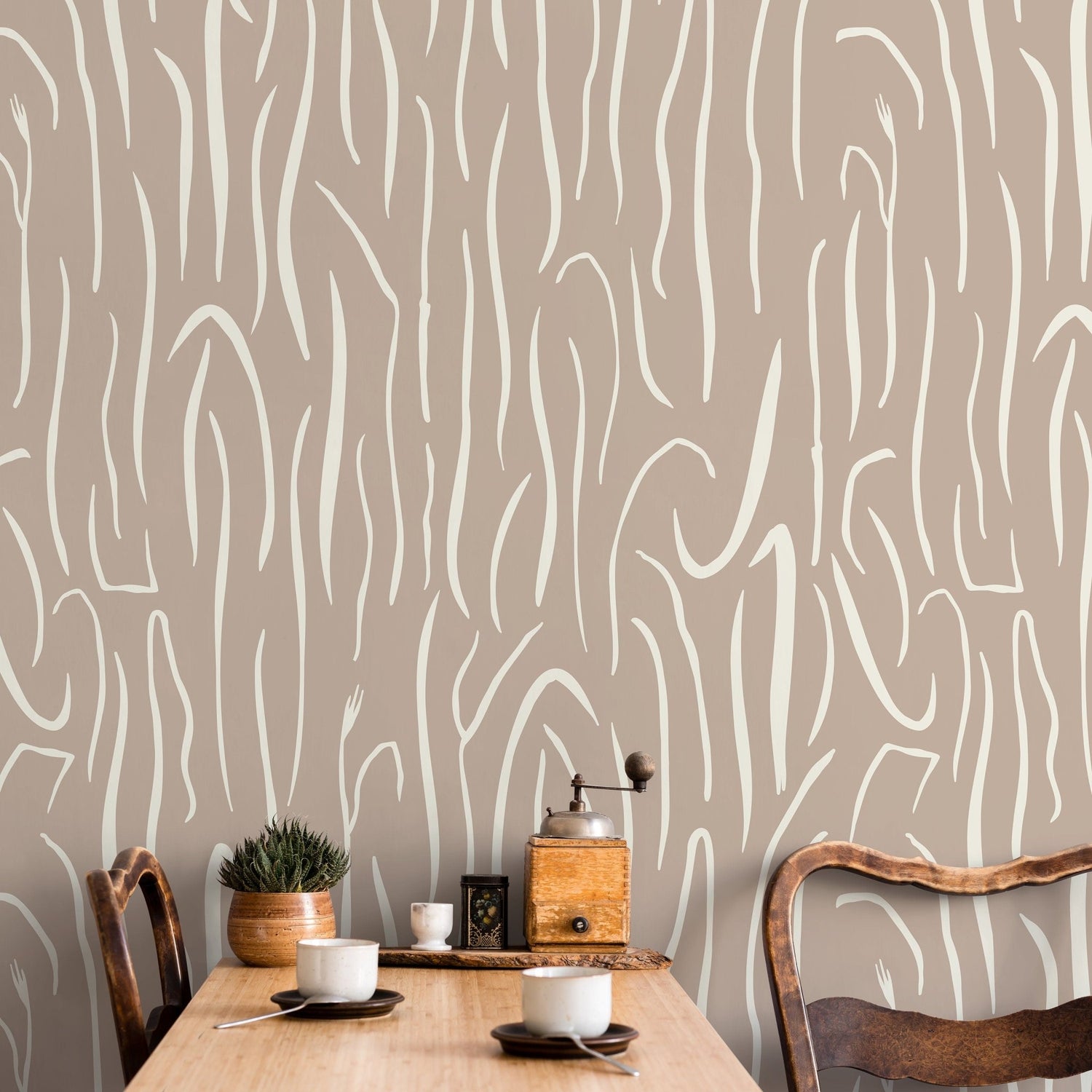 Beige Abstract Leaf Wallpaper Boho Wallpaper Peel and Stick and Traditional Wallpaper - D617 - WallTrend