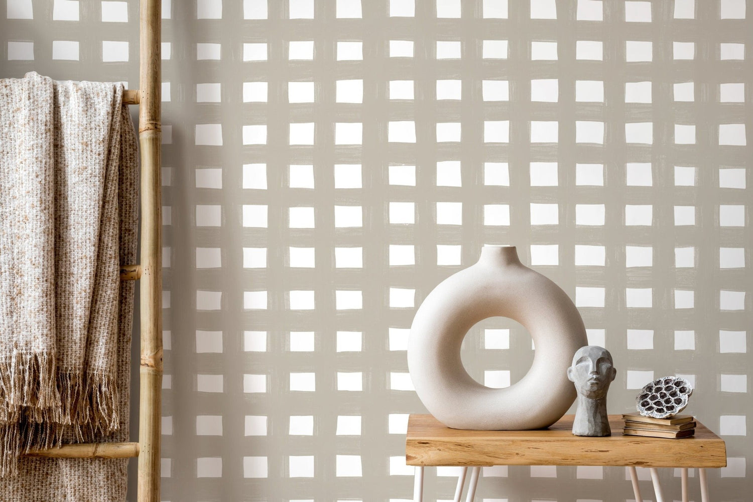 Beige Boho Gingham Wallpaper / Peel and Stick Wallpaper Removable Wallpaper Home Decor Wall Art Wall Decor Room Decor - C952 - WallTrend
