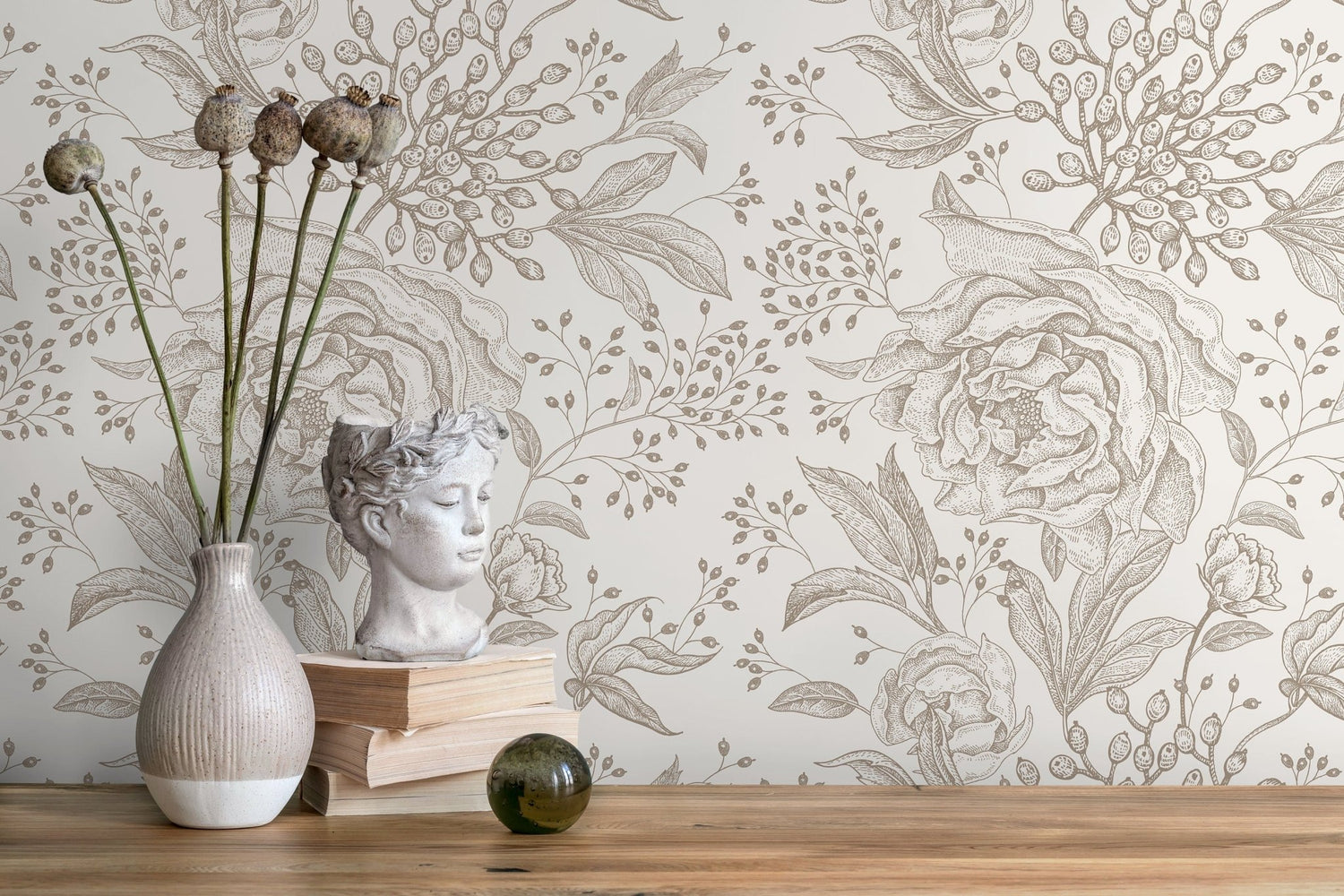 Beige Boho Roses Wallpaper Boho Peony Wallpaper Peel and Stick Removable Repositionable Burnt Orange Minimalistic - ZACX - WallTrend