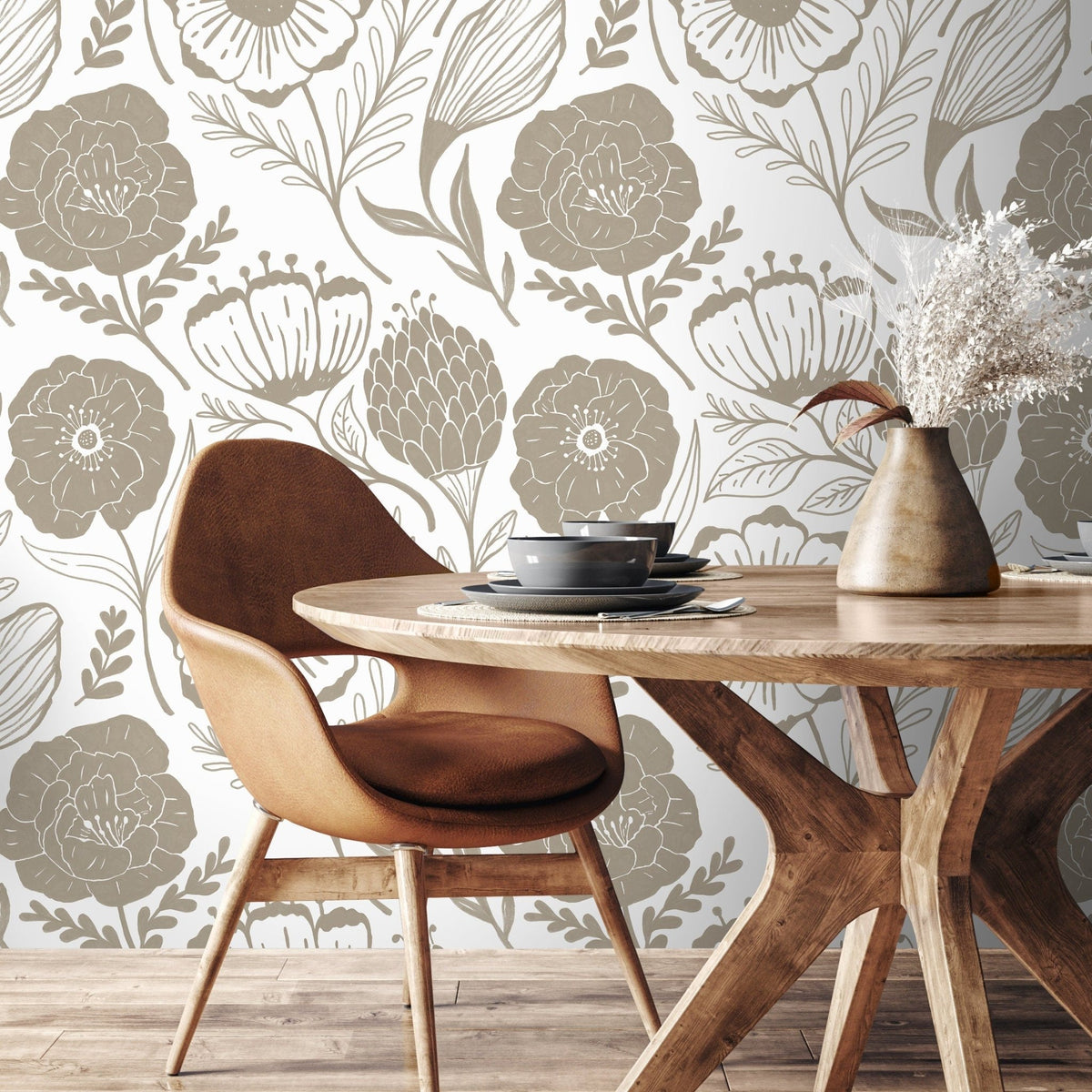 Beige Floral Garden Boho Wallpaper / Peel and Stick Wallpaper Removable Wallpaper Home Decor Wall Art Wall Decor Room Decor - D946 - WallTrend