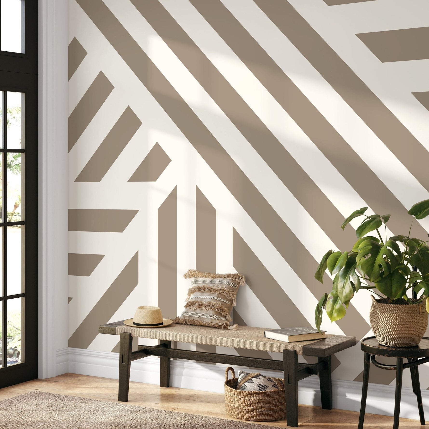 Beige Geometric Wallpaper Modern Striped Wallpaper Peel and Stick and Traditional Wallpaper - D734 - WallTrend