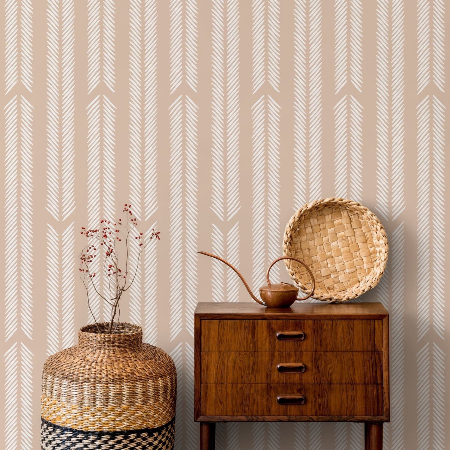 Beige Herringbone Wallpaper Minimalist Wallpaper Peel and Stick and Traditional Wallpaper - D799 - WallTrend