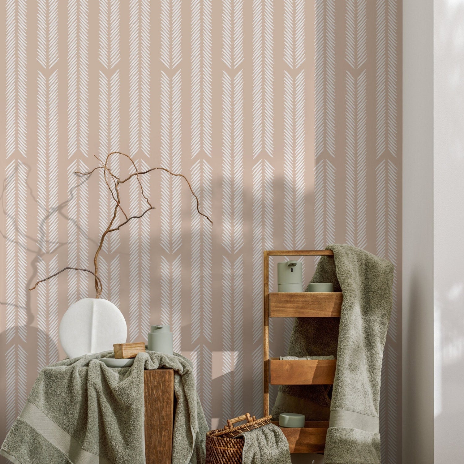 Beige Herringbone Wallpaper Minimalist Wallpaper Peel and Stick and Traditional Wallpaper - D799 - WallTrend