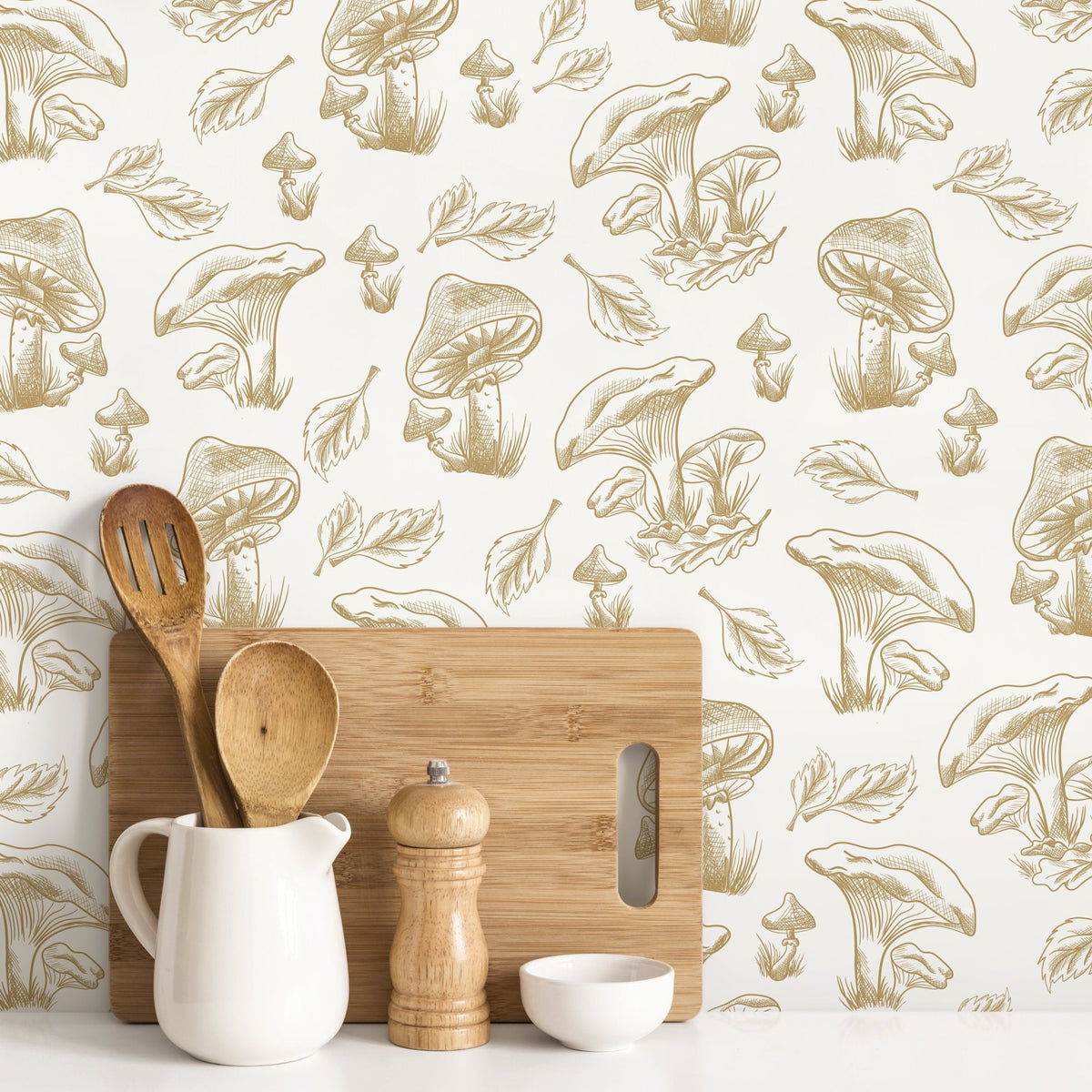 Beige Mushroom Wallpaper Hand drawing Wallpaper Peel and Stick and Traditional Wallpaper - D820 - WallTrend