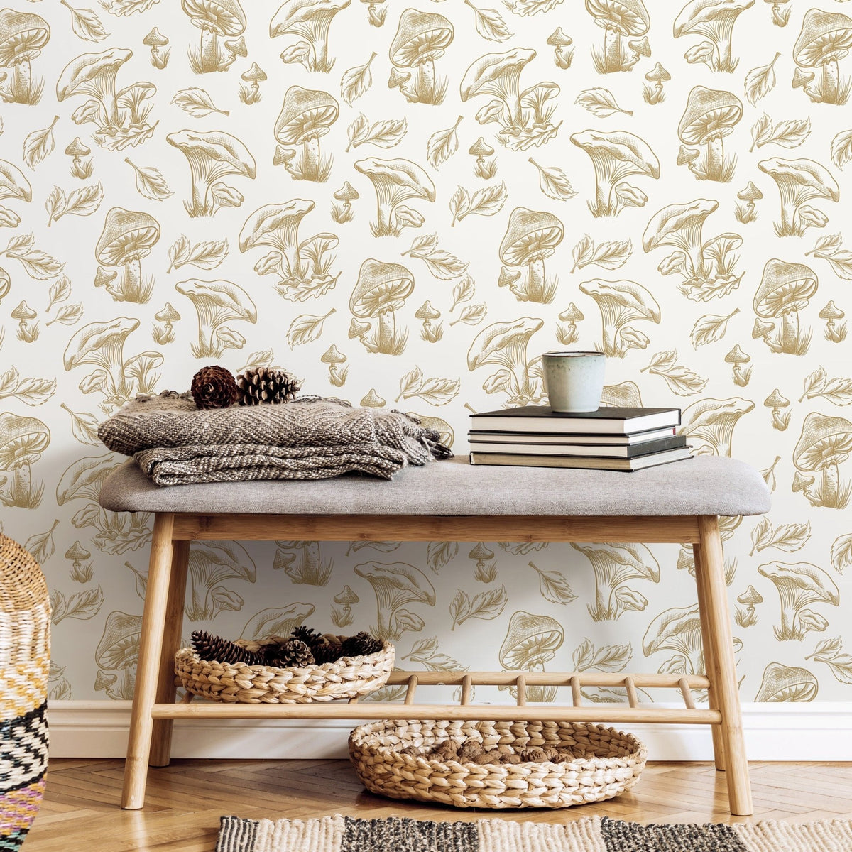 Beige Mushroom Wallpaper Hand drawing Wallpaper Peel and Stick and Traditional Wallpaper - D820 - WallTrend