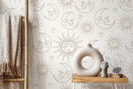 Beige Mystique and Celestial Wallpaper Removable Peel and Stick Wallpaper, Peel and Stick Wallpaper Moon and Sun - ZABA - WallTrend