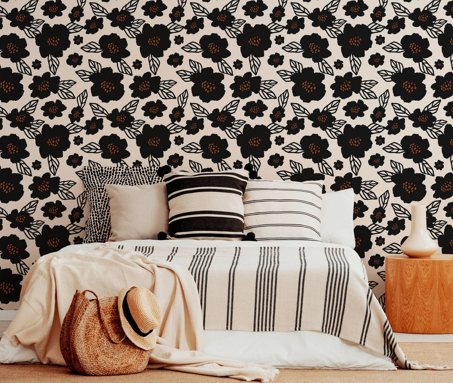 Black and Cream Floral Wallpaper - B462 - WallTrend