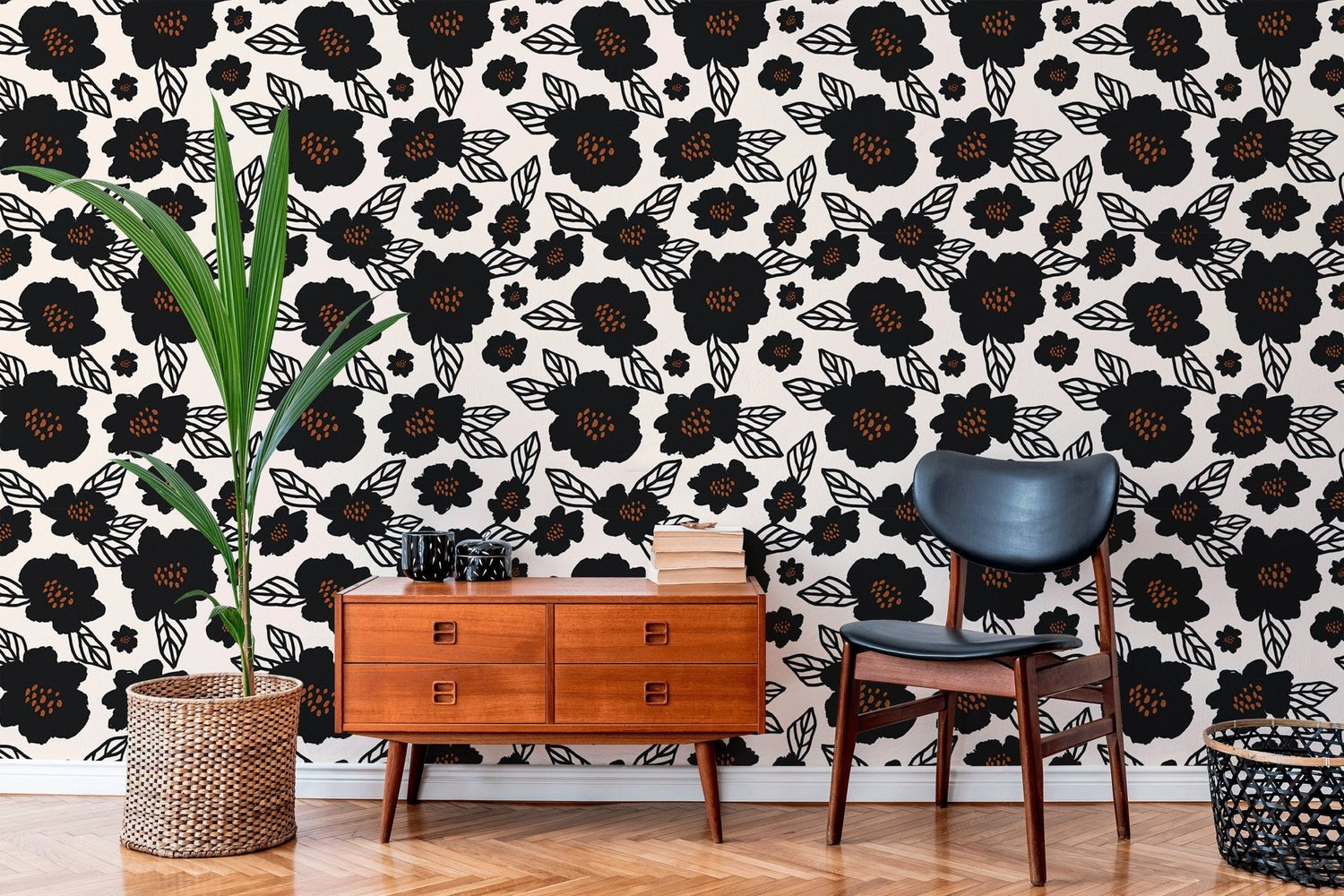 Black and Cream Floral Wallpaper - B462 - WallTrend