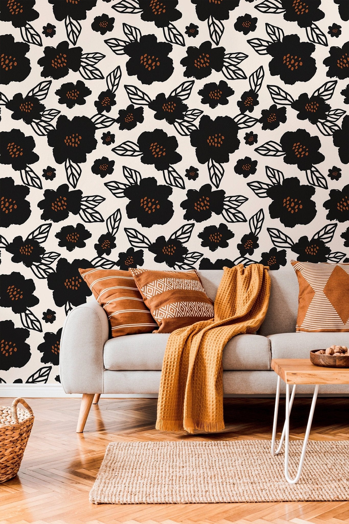 Black and Cream Floral Wallpaper - B462 - WallTrend