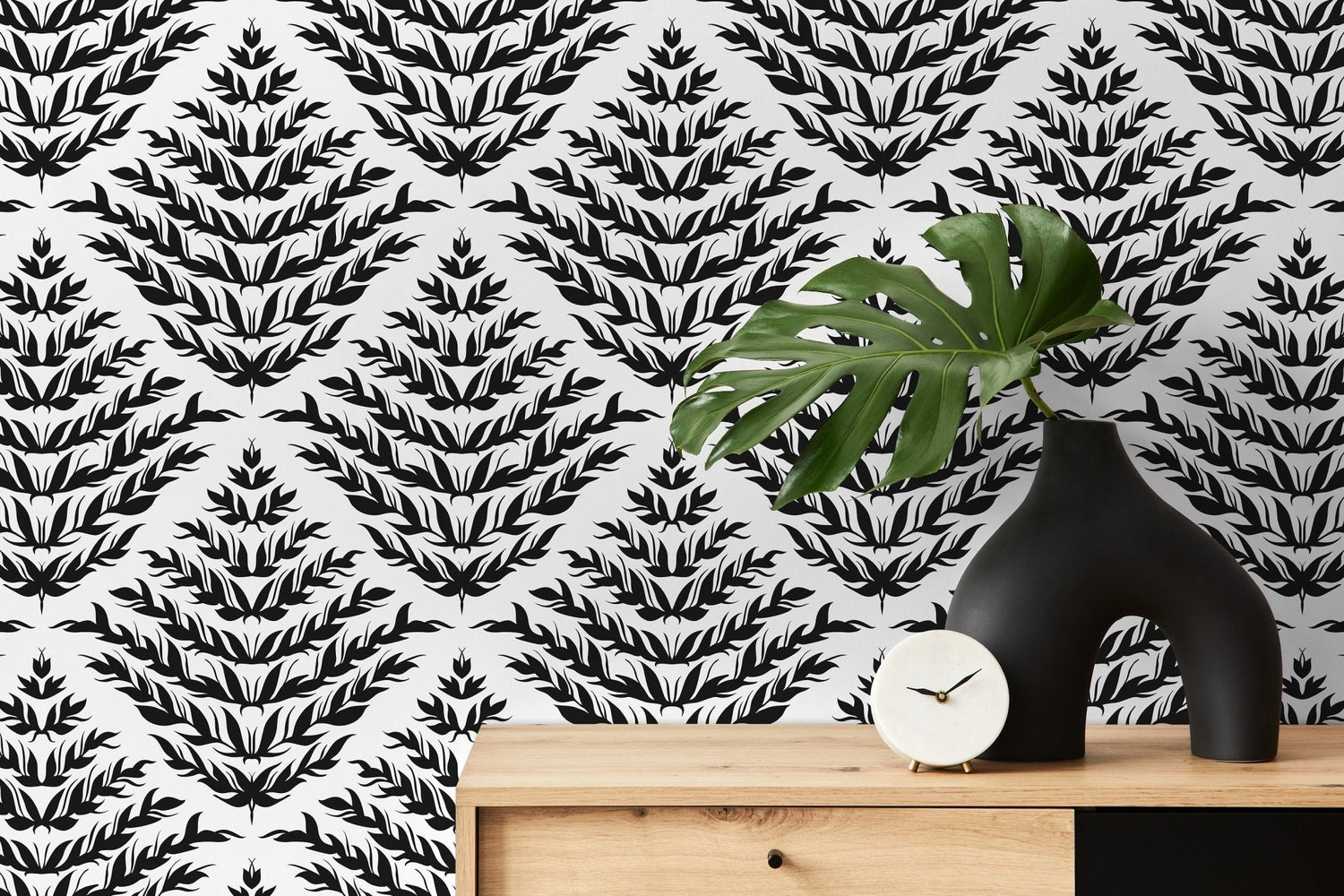 Black and White Leaf Wallpaper / Peel and Stick Wallpaper Removable Wallpaper Home Decor Wall Art Wall Decor Room Decor - C856 - WallTrend