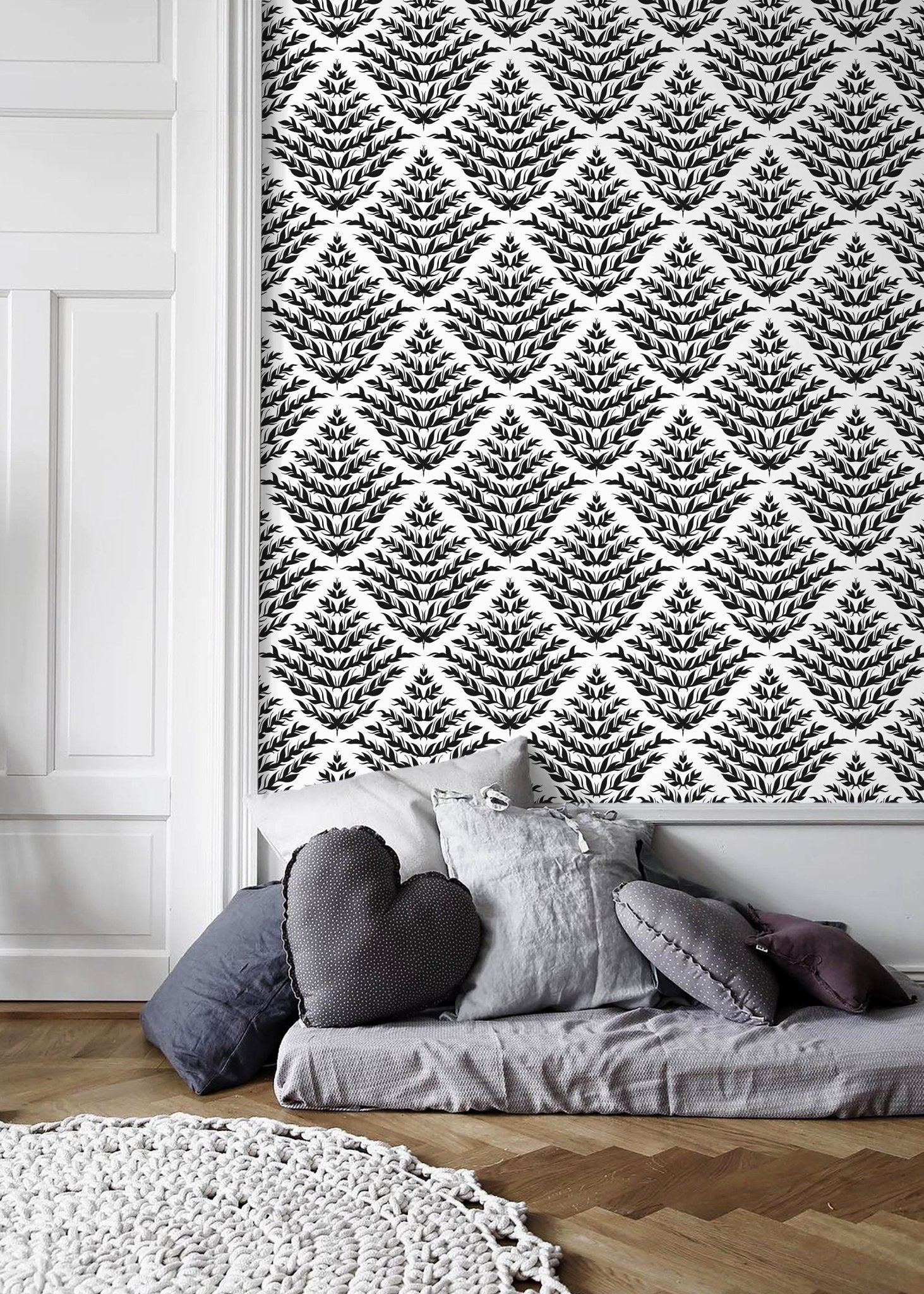 Black and White Leaf Wallpaper / Peel and Stick Wallpaper Removable Wallpaper Home Decor Wall Art Wall Decor Room Decor - C856 - WallTrend