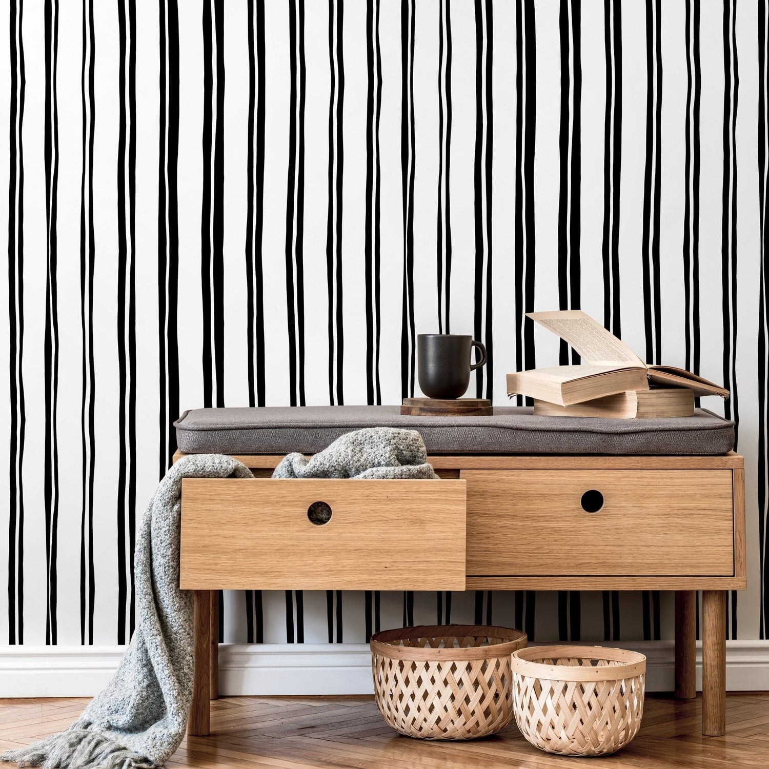 Black and White Lines Wallpaper Modern Striped Wallpaper Peel and Stick and Traditional Wallpaper - D762 - WallTrend