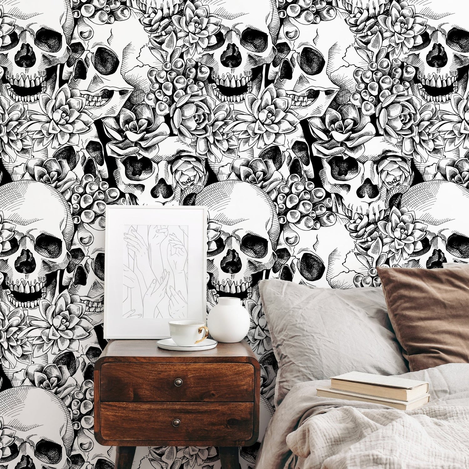 Black and White Skulls Wallpaper Dark Floral Wallpaper Peel and Stick and Traditional Wallpaper - D866 - WallTrend