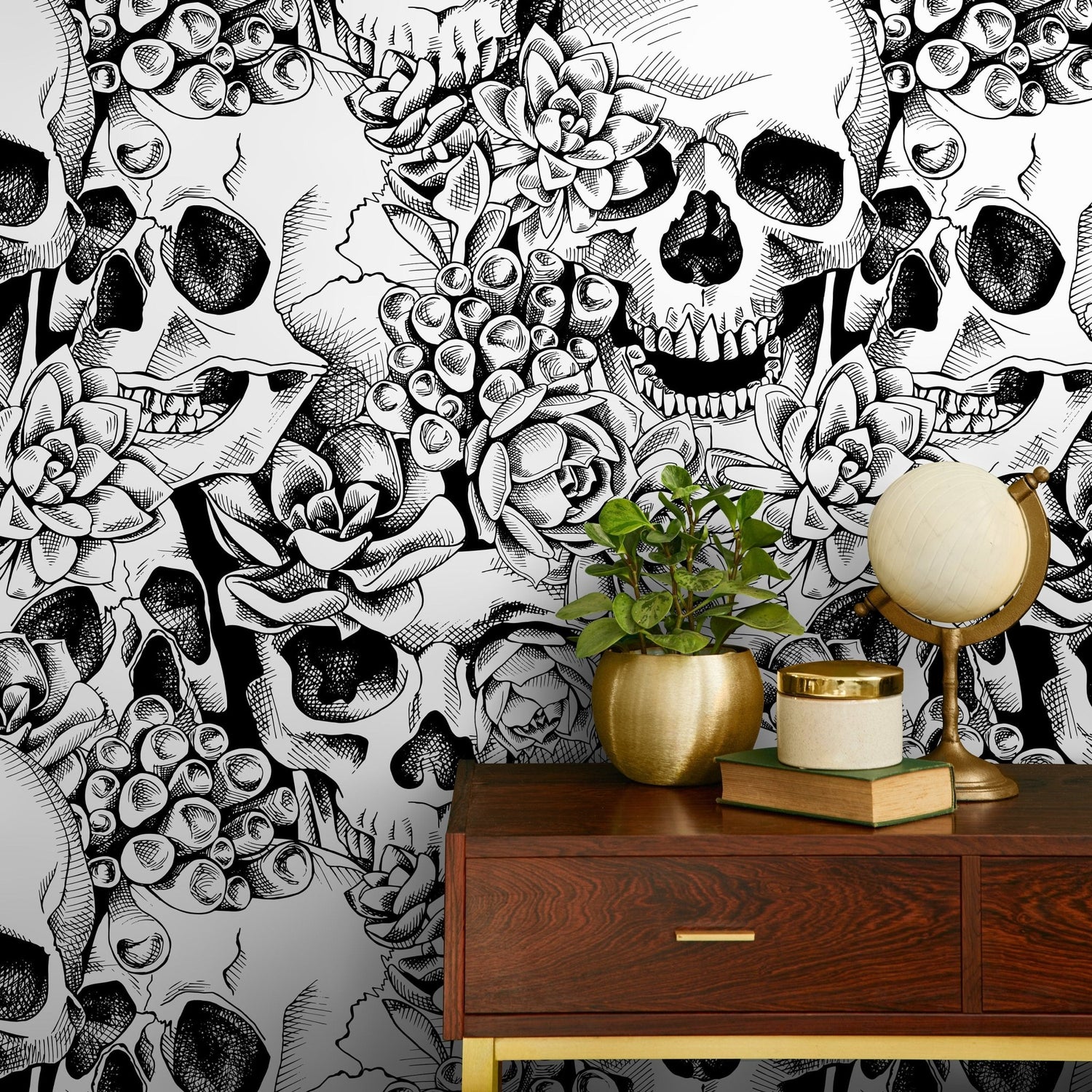 Black and White Skulls Wallpaper Dark Floral Wallpaper Peel and Stick and Traditional Wallpaper - D866 - WallTrend