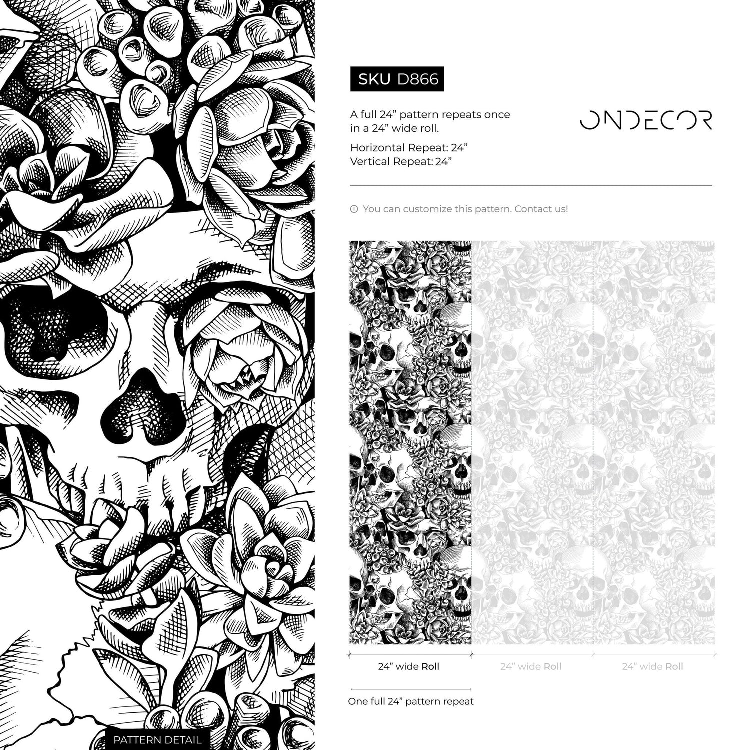 Black and White Skulls Wallpaper Dark Floral Wallpaper Peel and Stick and Traditional Wallpaper - D866 - WallTrend