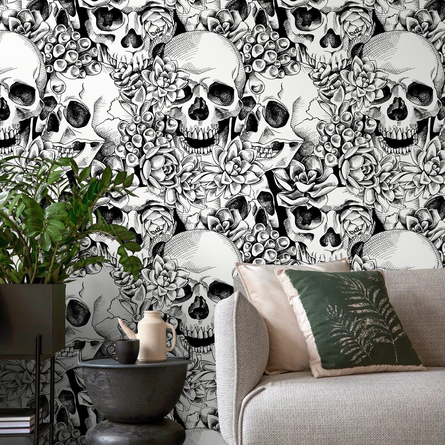 Black and White Skulls Wallpaper Dark Floral Wallpaper Peel and Stick and Traditional Wallpaper - D866 - WallTrend