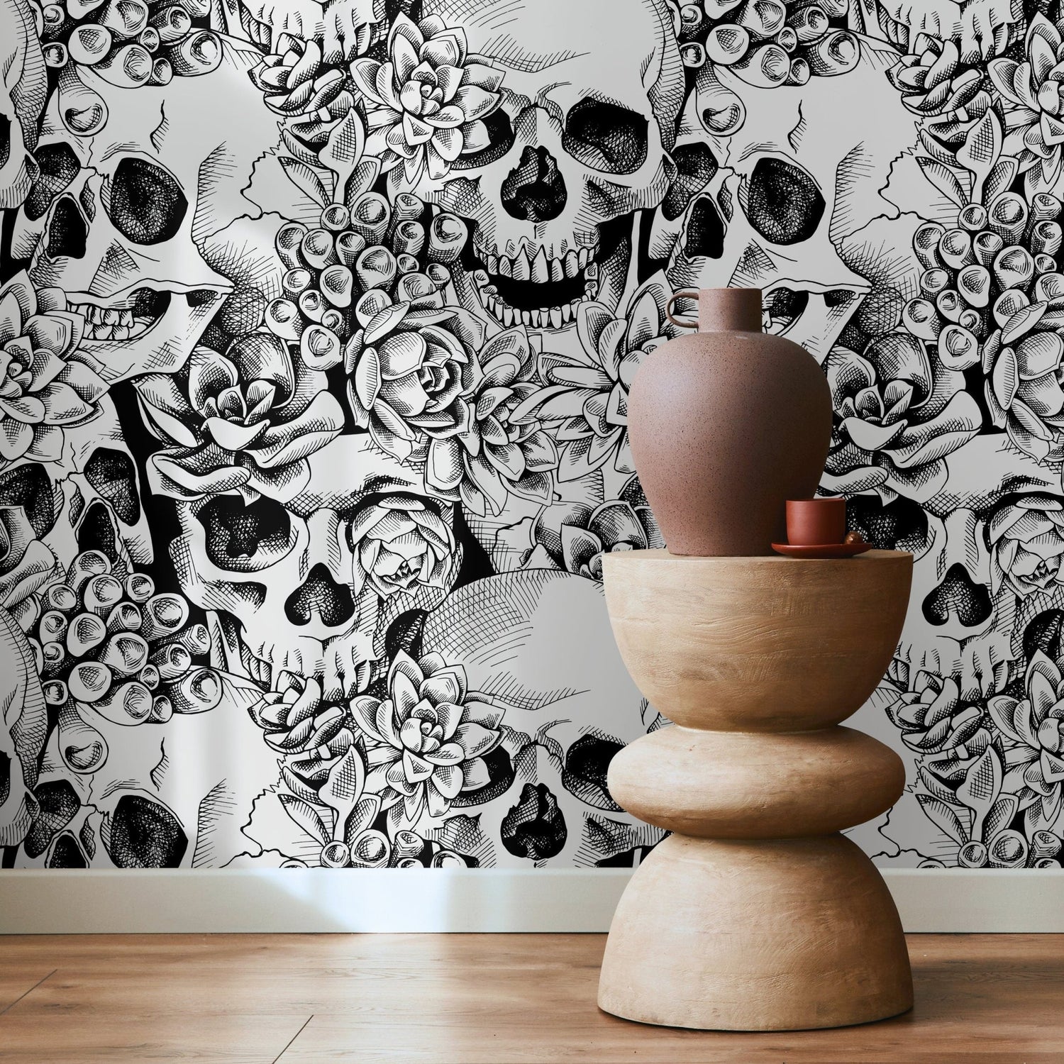 Black and White Skulls Wallpaper Dark Floral Wallpaper Peel and Stick and Traditional Wallpaper - D866 - WallTrend