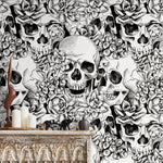 Black and White Skulls Wallpaper Dark Floral Wallpaper Peel and Stick and Traditional Wallpaper - D866 - WallTrend