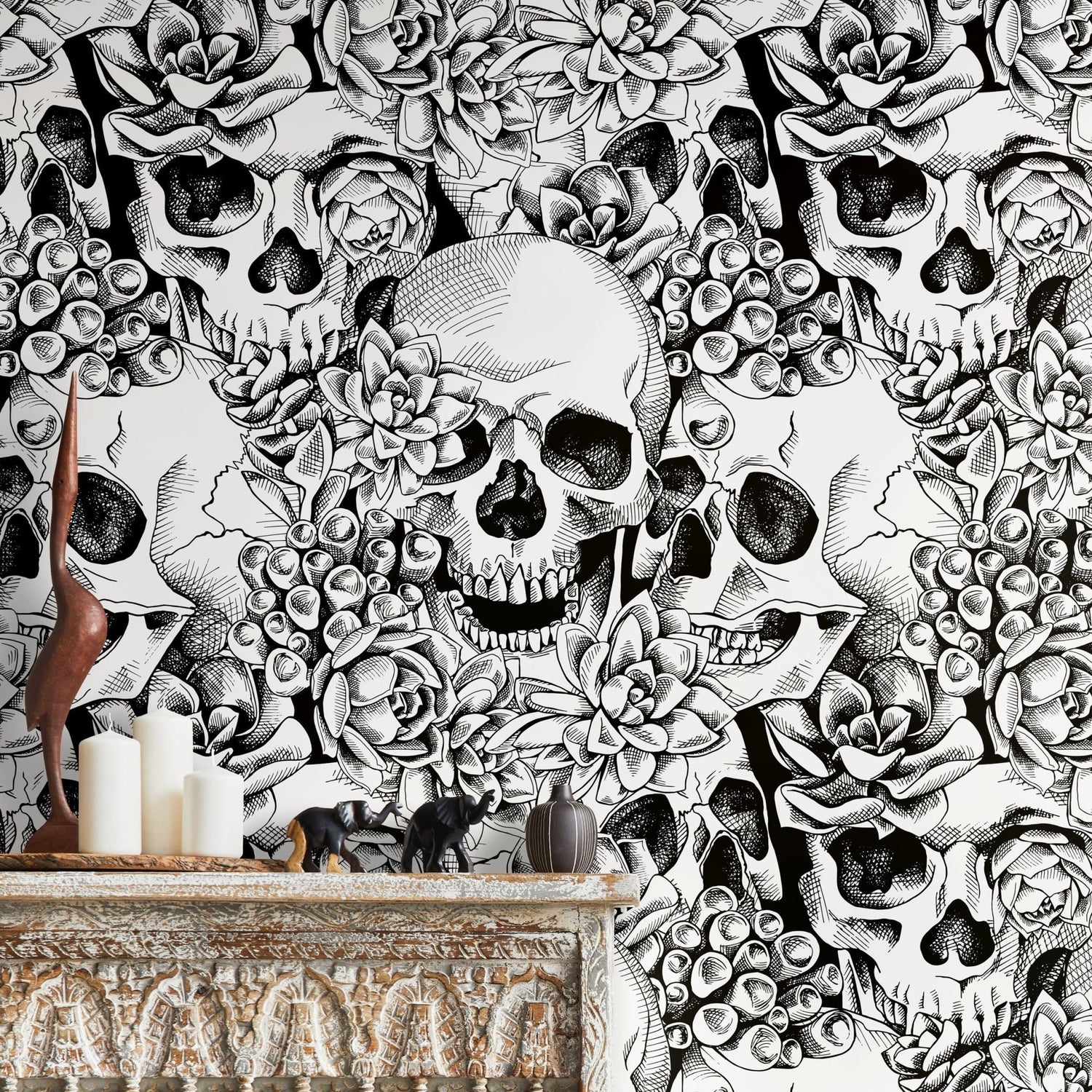 Black and White Skulls Wallpaper Dark Floral Wallpaper Peel and Stick and Traditional Wallpaper - D866 - WallTrend