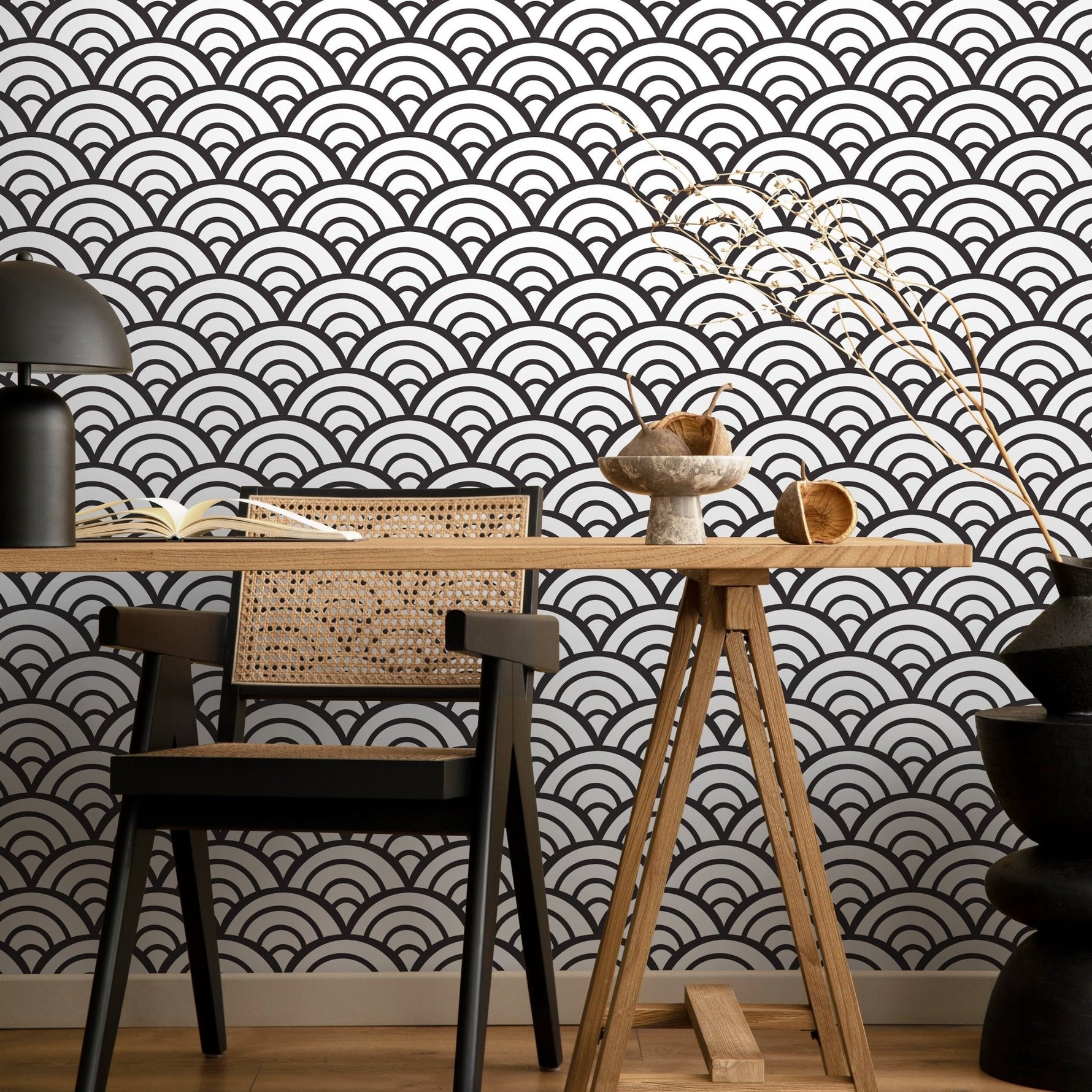 Black and White Wallpaper Boho Scollops Wallpaper Peel and Stick and Traditional Wallpaper - A590 - WallTrend