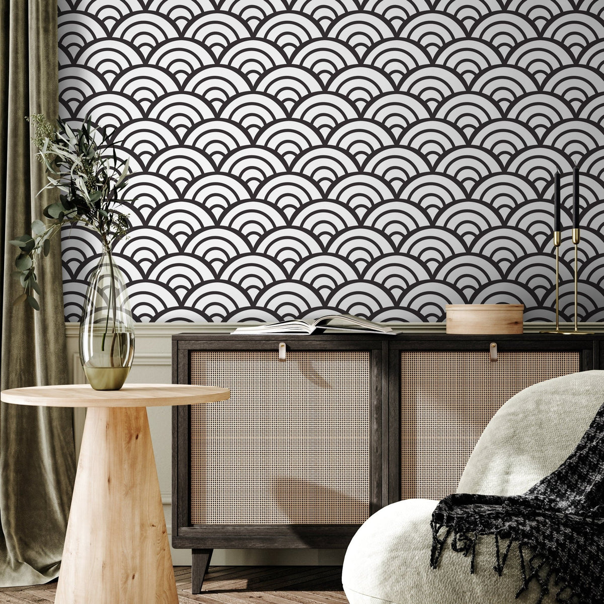 Black and White Wallpaper Boho Scollops Wallpaper Peel and Stick and Traditional Wallpaper - A590 - WallTrend