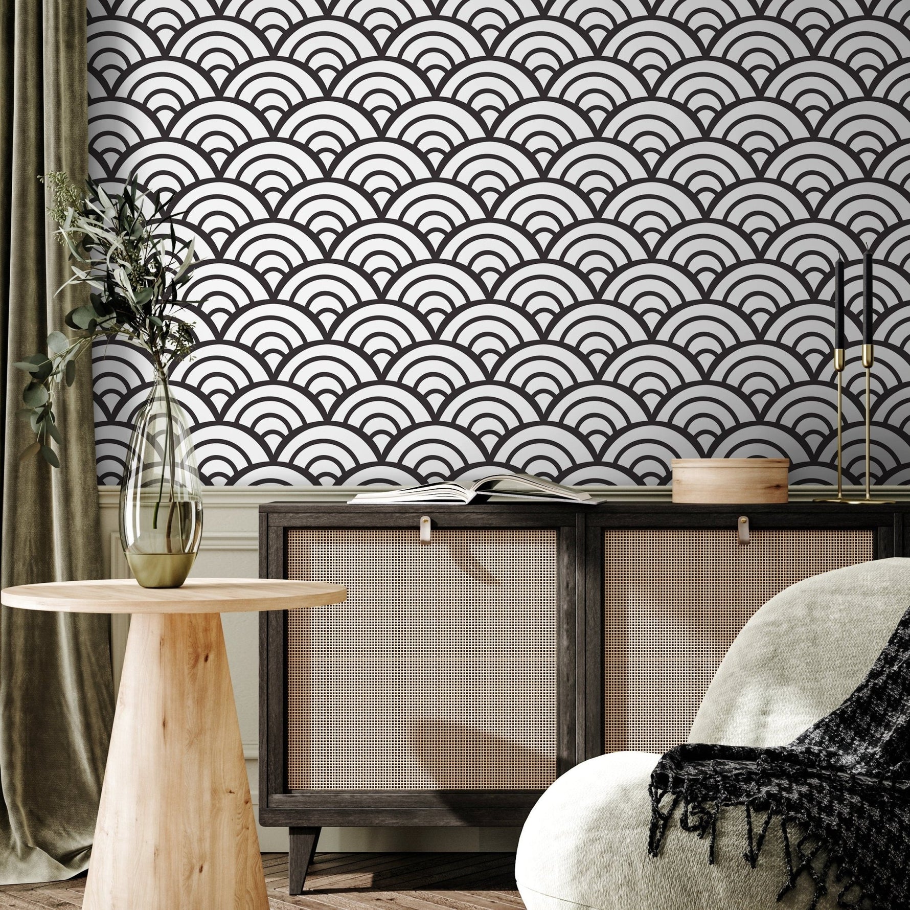 Black and White Wallpaper Boho Scollops Wallpaper Peel and Stick and Traditional Wallpaper - A590 - WallTrend