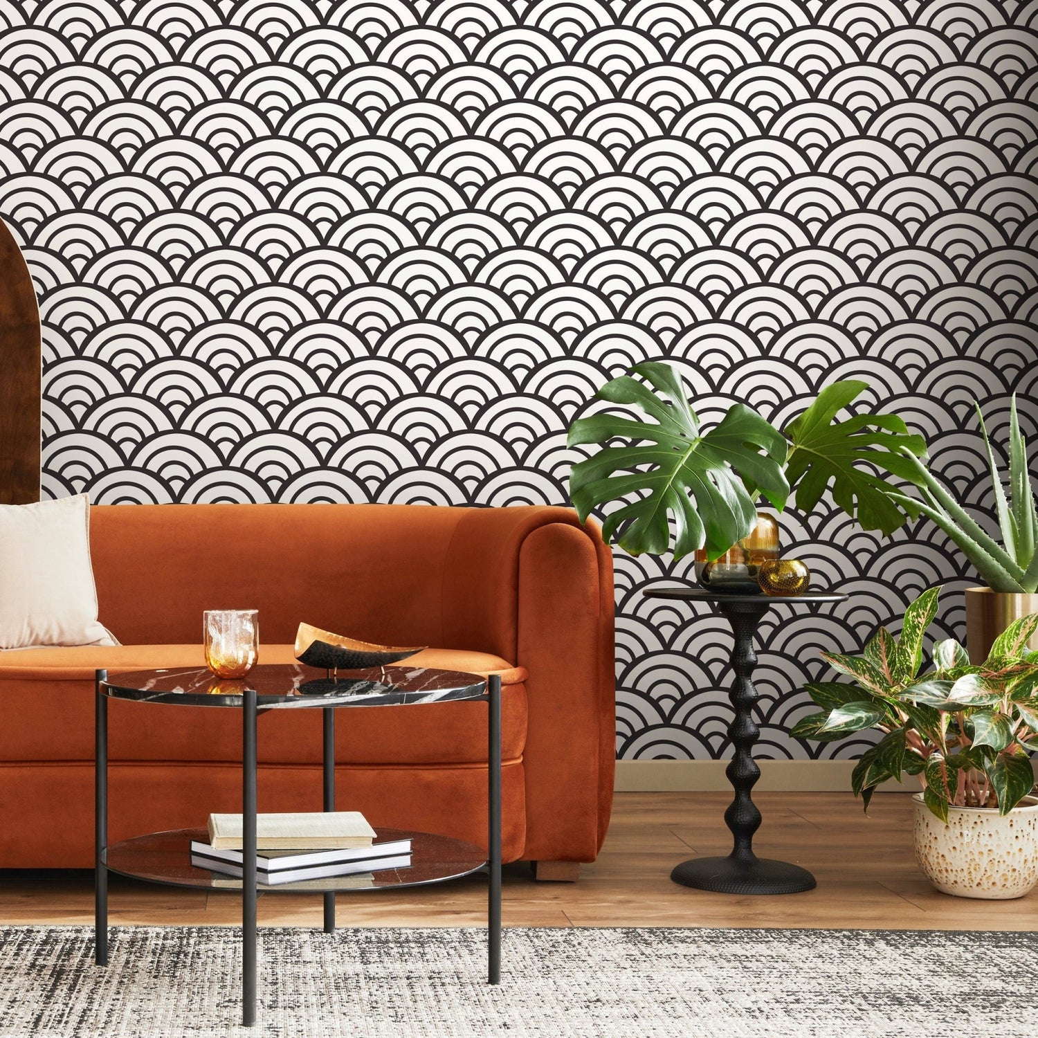 Black and White Wallpaper Boho Scollops Wallpaper Peel and Stick and Traditional Wallpaper - A590 - WallTrend