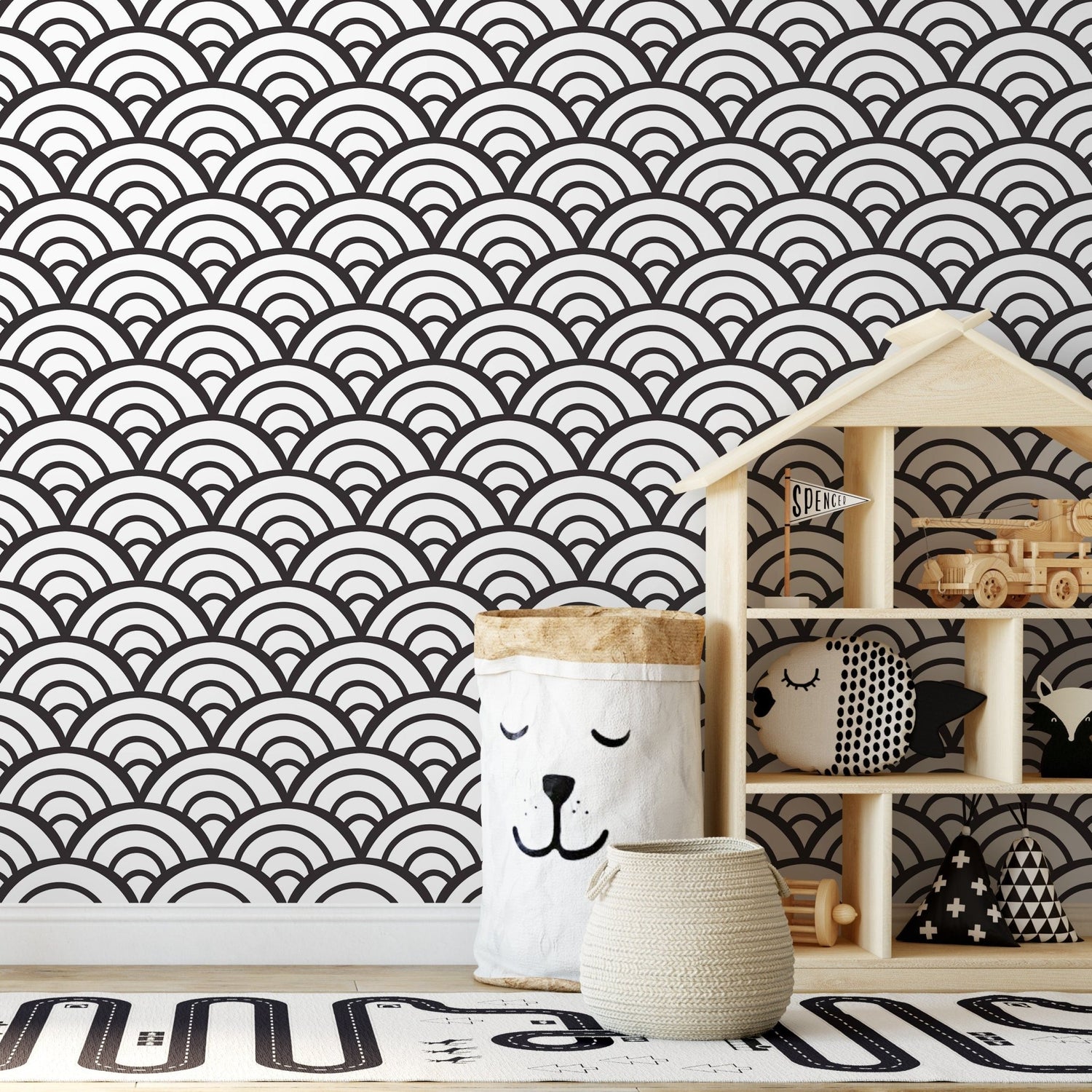 Black and White Wallpaper Boho Scollops Wallpaper Peel and Stick and Traditional Wallpaper - A590 - WallTrend