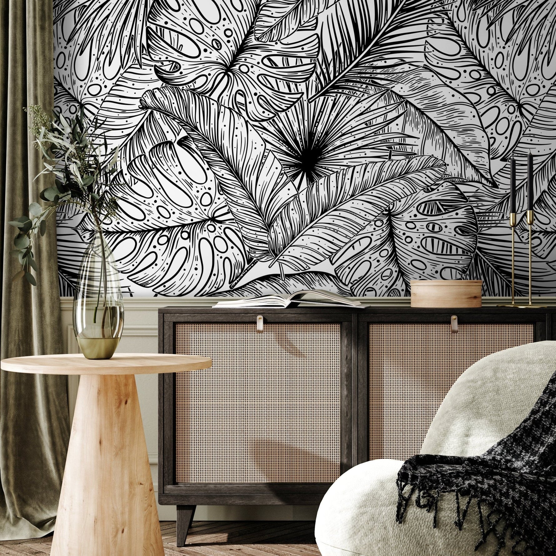 Black and White Wallpaper Tropical Leaves Wallpaper Peel and Stick and Traditional Wallpaper - A535 - WallTrend