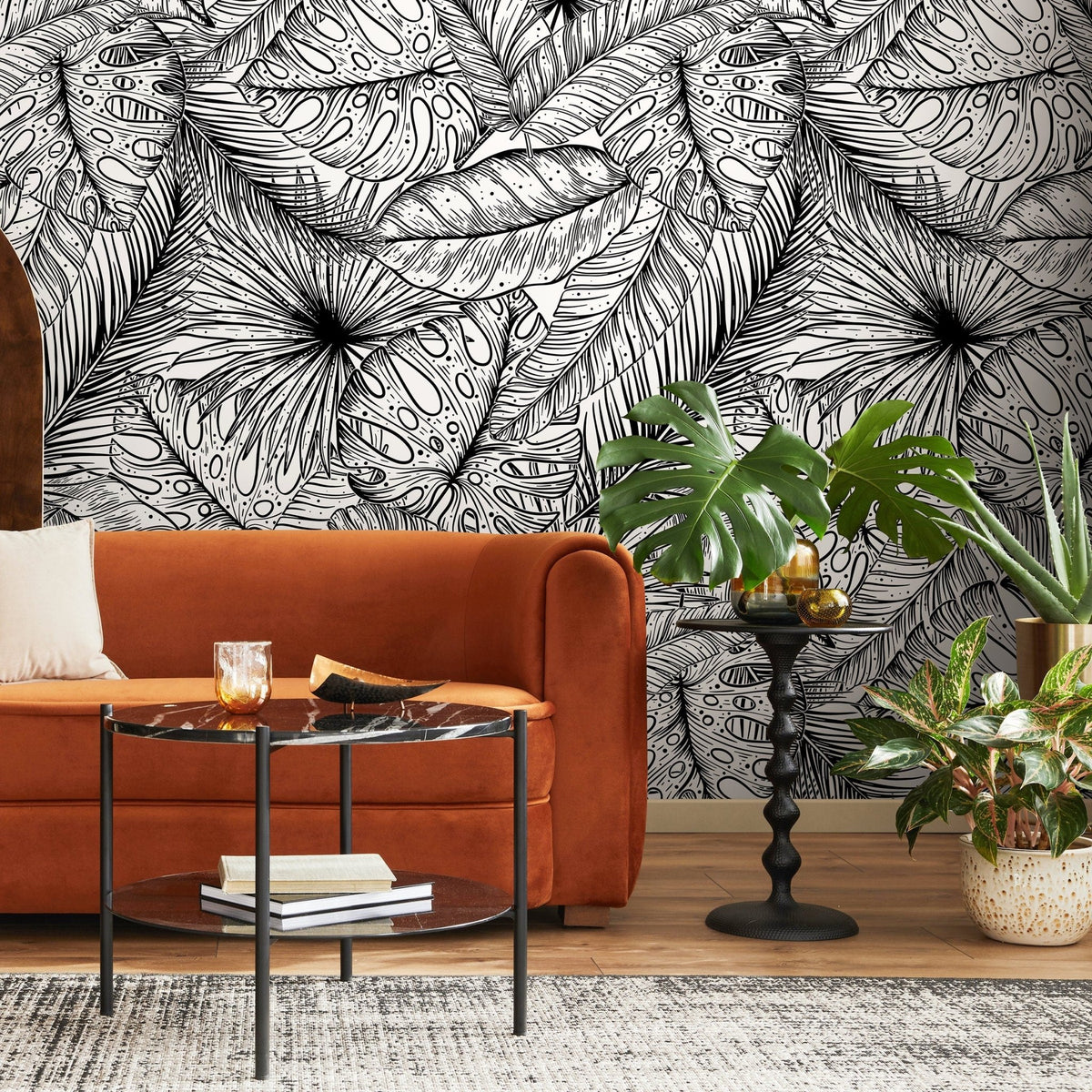 Black and White Wallpaper Tropical Leaves Wallpaper Peel and Stick and Traditional Wallpaper - A535 - WallTrend