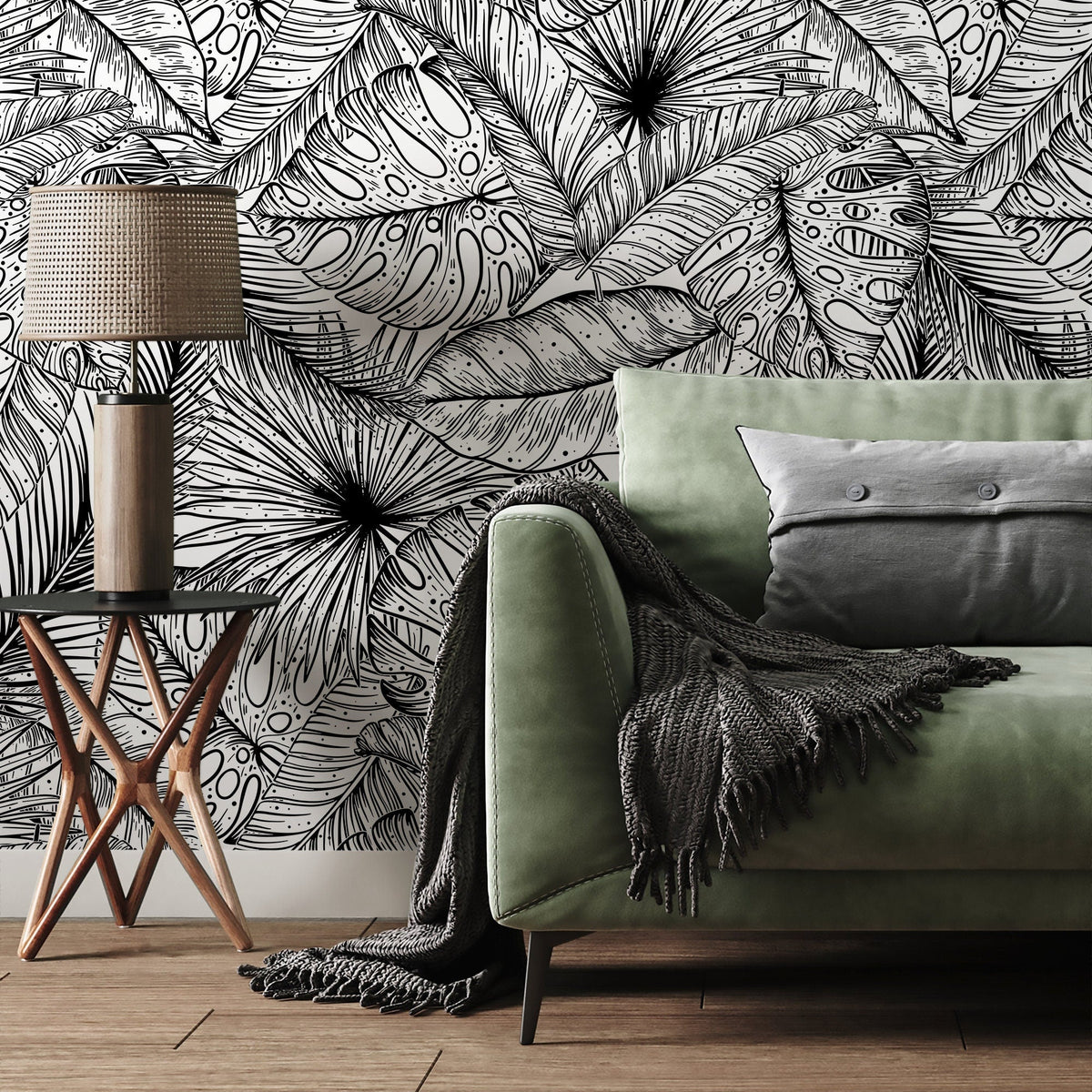 Black and White Wallpaper Tropical Leaves Wallpaper Peel and Stick and Traditional Wallpaper - A535 - WallTrend