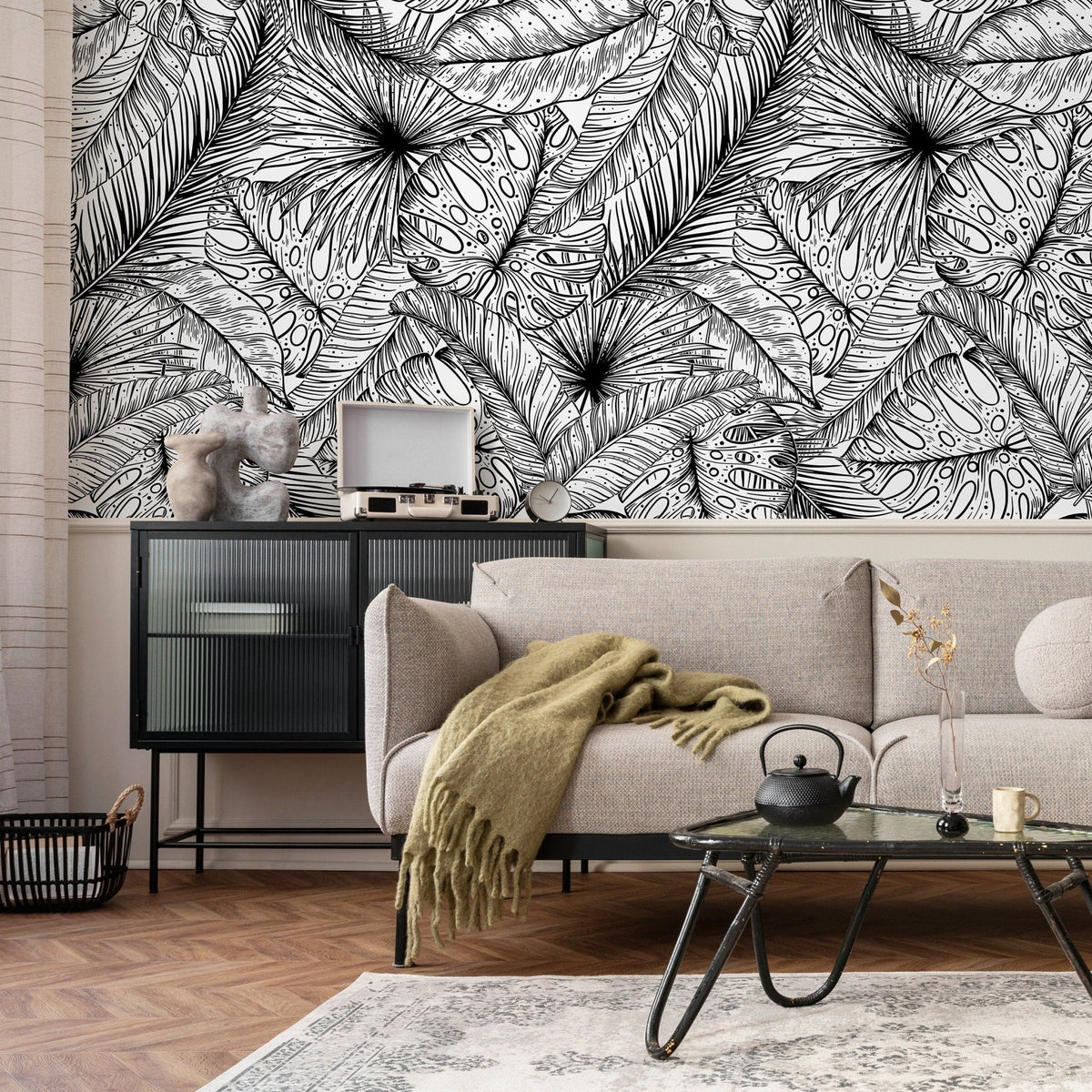 Black and White Wallpaper Tropical Leaves Wallpaper Peel and Stick and Traditional Wallpaper - A535 - WallTrend