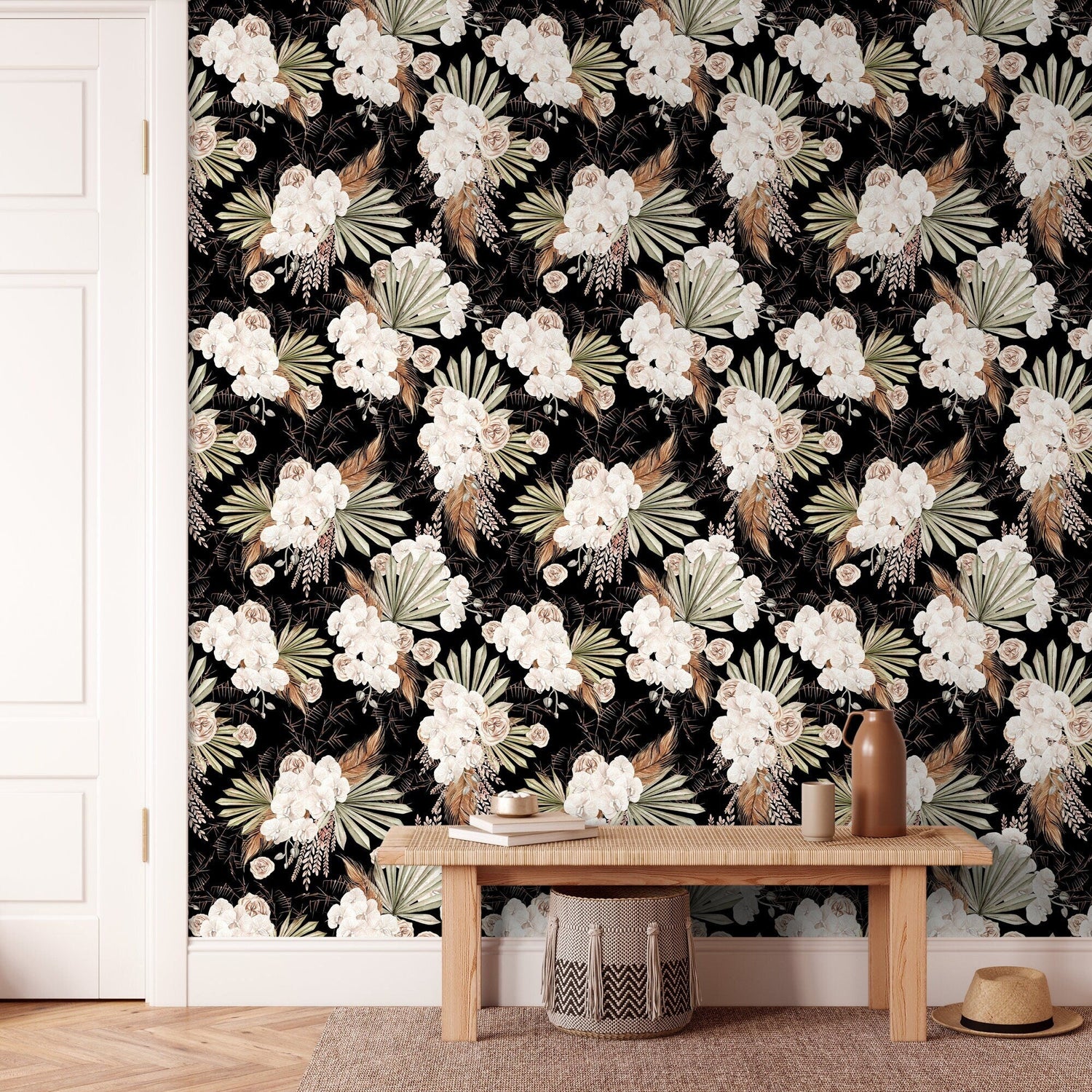 Black Boho Floral Wallpaper / Peel and Stick Wallpaper Removable Wallpaper Home Decor Wall Art Wall Decor Room Decor - C787 - WallTrend