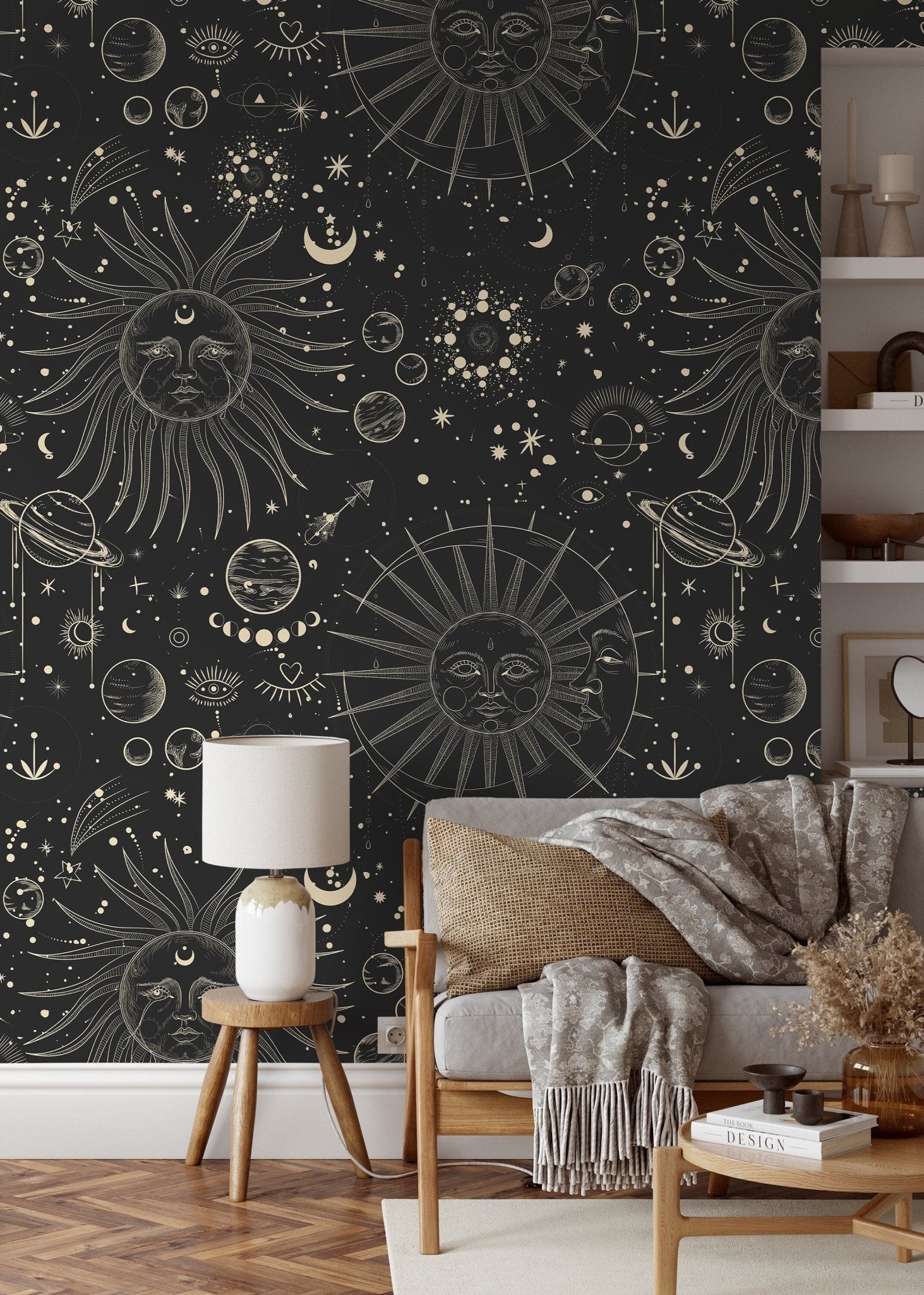 Black Celestial Wallpaper / Peel and Stick Wallpaper Removable Wallpaper Home Decor Wall Art Wall Decor Room Decor - D342 - WallTrend