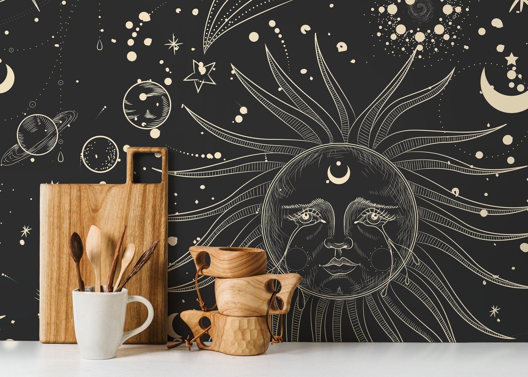 Black Celestial Wallpaper / Peel and Stick Wallpaper Removable Wallpaper Home Decor Wall Art Wall Decor Room Decor - D342 - WallTrend