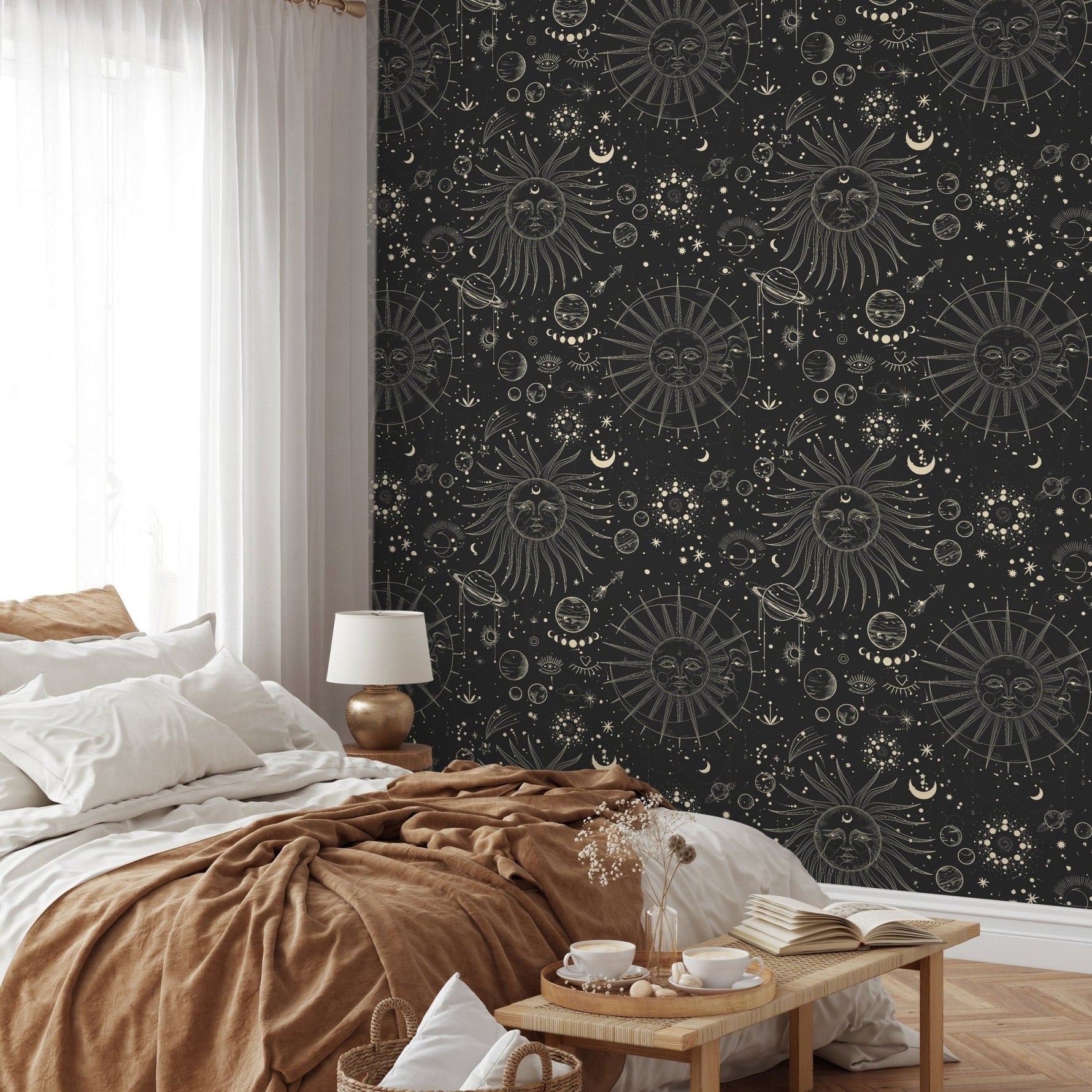 Black Celestial Wallpaper / Peel and Stick Wallpaper Removable Wallpaper Home Decor Wall Art Wall Decor Room Decor - D342 - WallTrend
