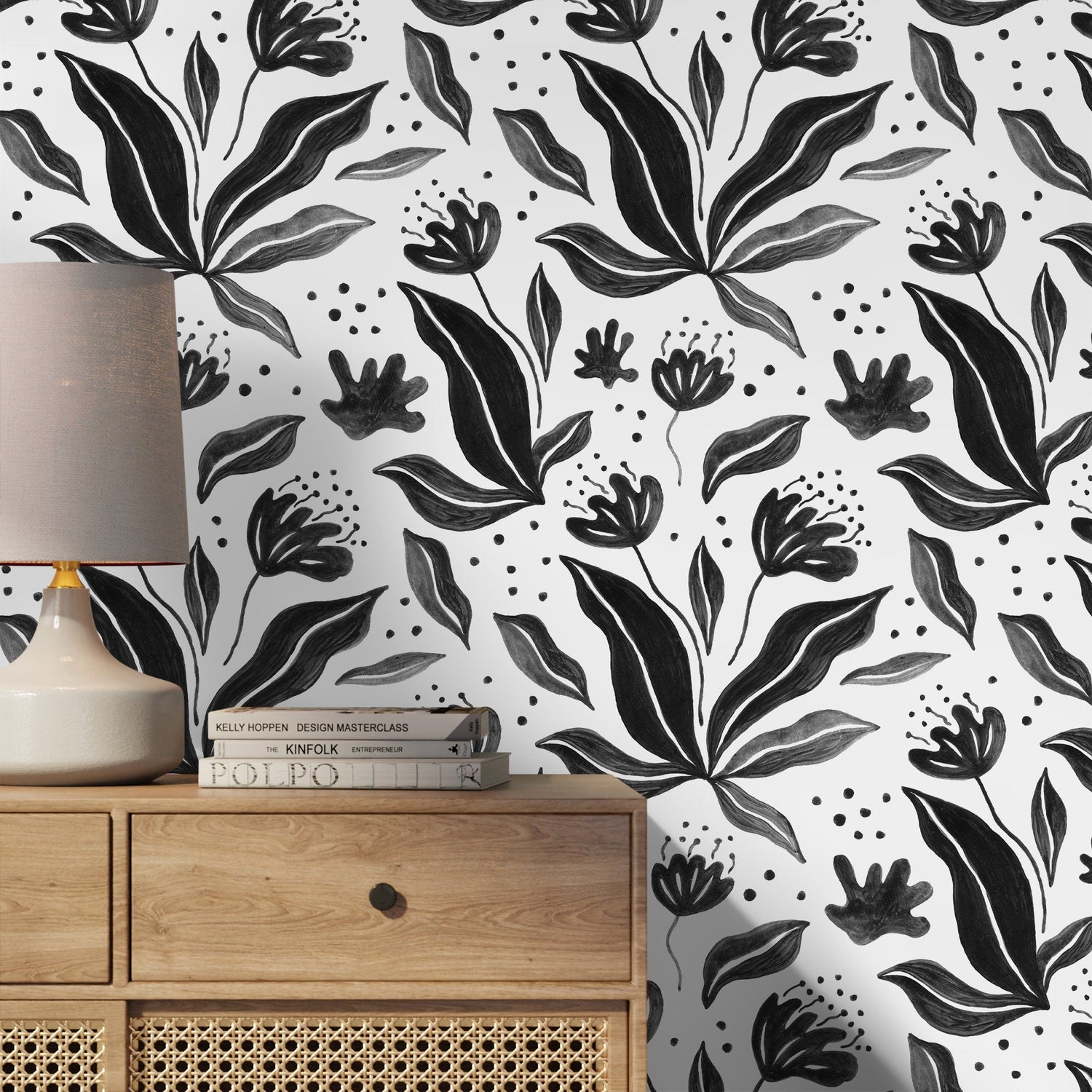 Black Floral Hand Painted Wallpaper / Peel and Stick Wallpaper Removable Wallpaper Home Decor Wall Art Wall Decor Room Decor - C766 - WallTrend