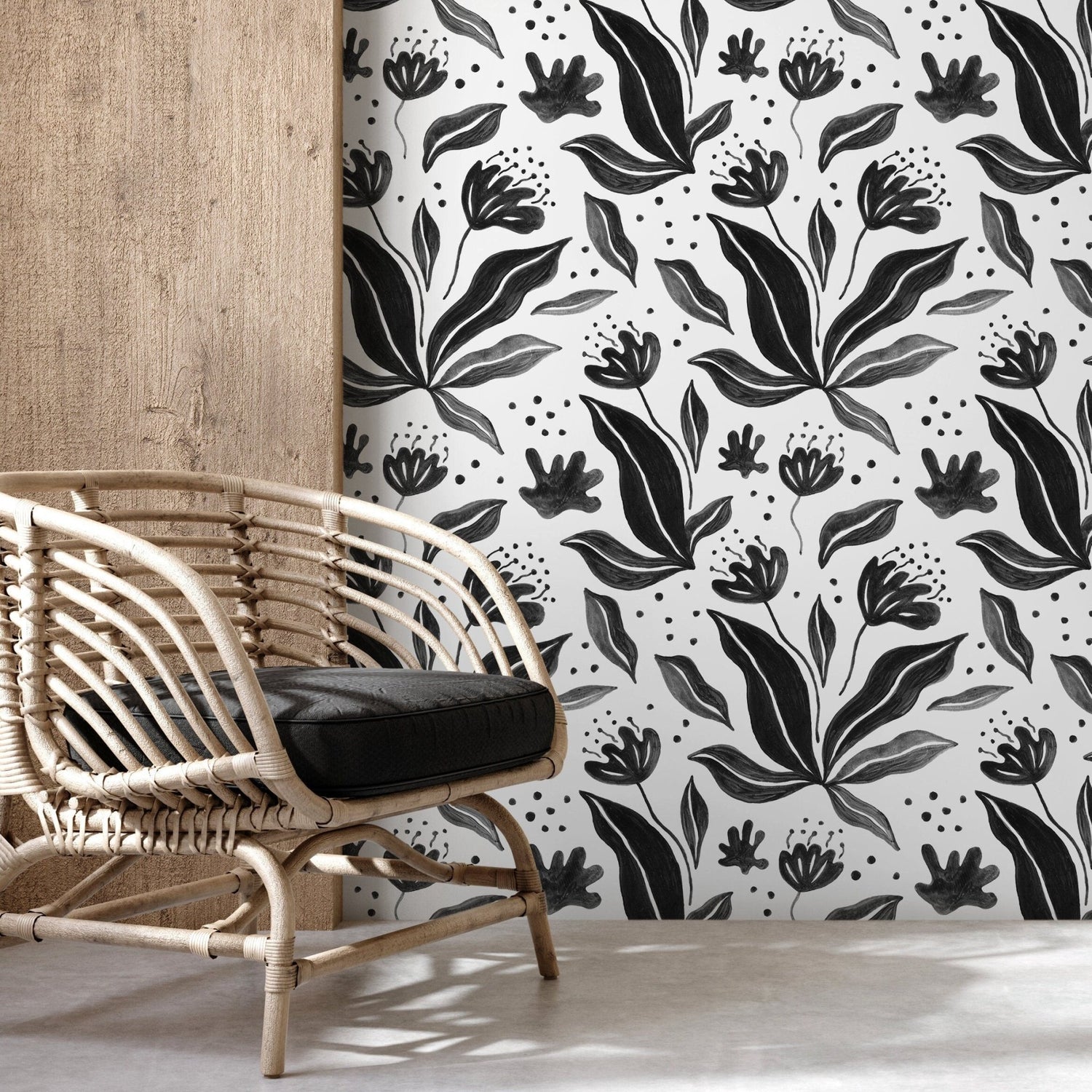 Black Floral Hand Painted Wallpaper / Peel and Stick Wallpaper Removable Wallpaper Home Decor Wall Art Wall Decor Room Decor - C766 - WallTrend