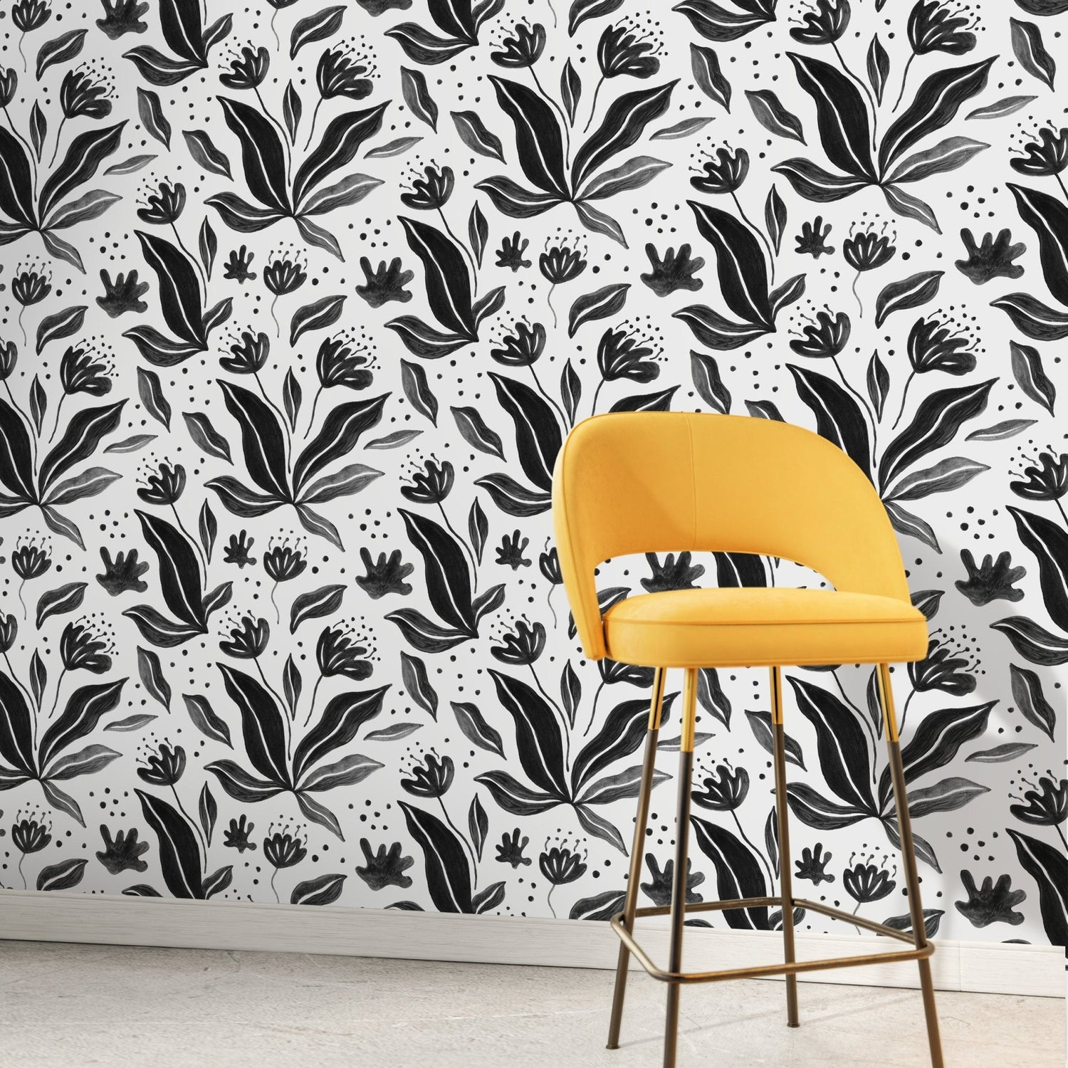 Black Floral Hand Painted Wallpaper / Peel and Stick Wallpaper Removable Wallpaper Home Decor Wall Art Wall Decor Room Decor - C766 - WallTrend