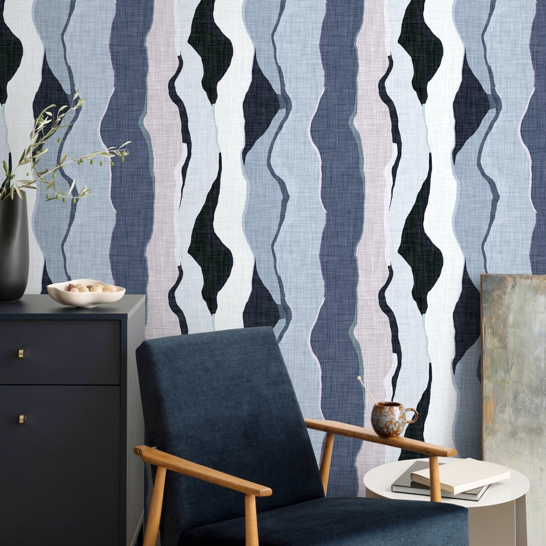 Blue Abstract Wallpaper Modern Waves Wallpaper Peel and Stick and Traditional Wallpaper - D859 - WallTrend