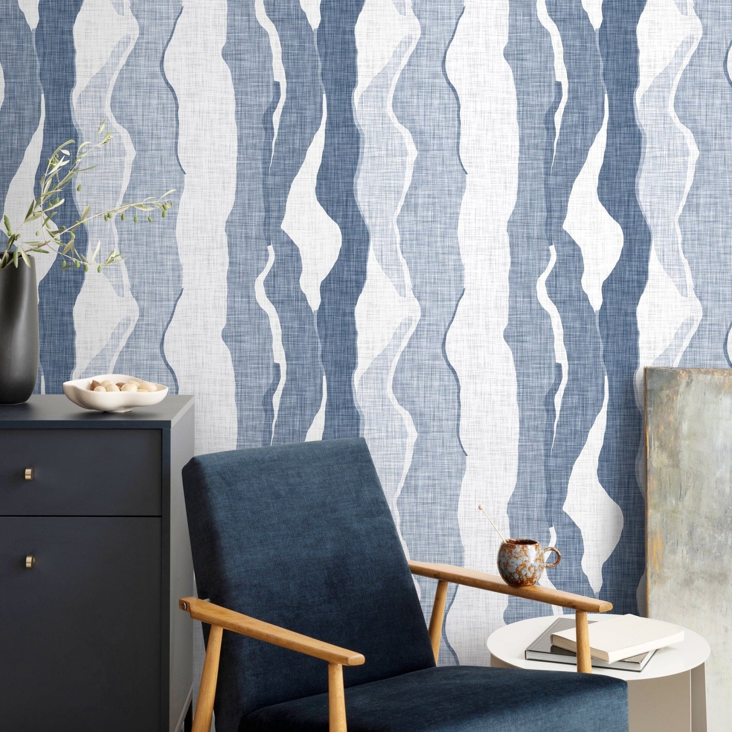 Blue Abstract Waves Wallpaper Modern Wallpaper Peel and Stick and Traditional Wallpaper - D837 - WallTrend