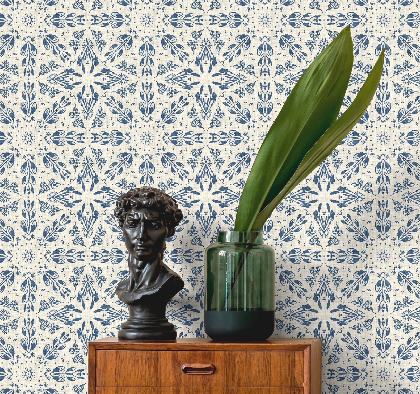 Blue Floral and Leaf Victorian Wallpaper / Peel and Stick Wallpaper Removable Wallpaper Home Decor Wall Art Wall Decor Room Decor - C782 - WallTrend