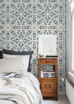 Blue Floral and Leaf Victorian Wallpaper / Peel and Stick Wallpaper Removable Wallpaper Home Decor Wall Art Wall Decor Room Decor - C782 - WallTrend