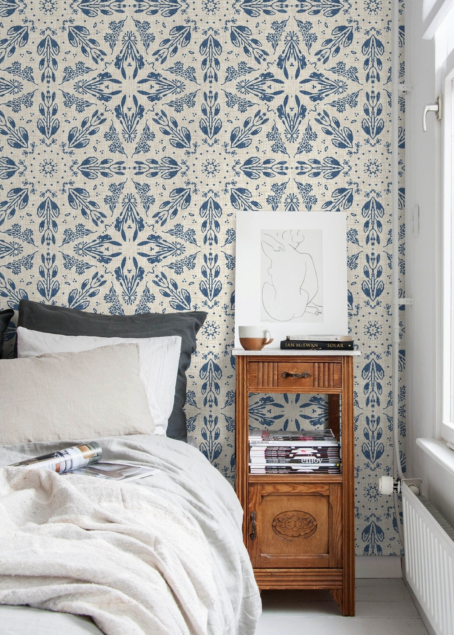 Blue Floral and Leaf Victorian Wallpaper / Peel and Stick Wallpaper Removable Wallpaper Home Decor Wall Art Wall Decor Room Decor - C782 - WallTrend