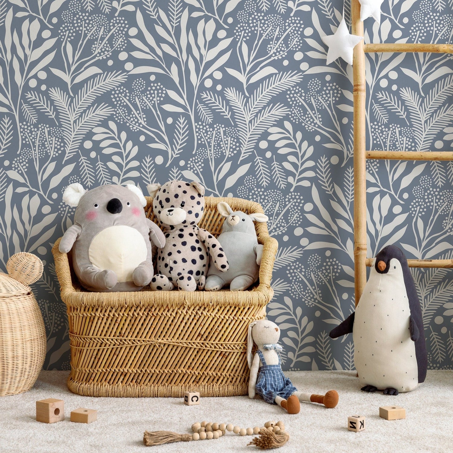 Blue Scandinavian Leaf Wallpaper Peel and Stick and Traditional Wallpaper - A761 - WallTrend