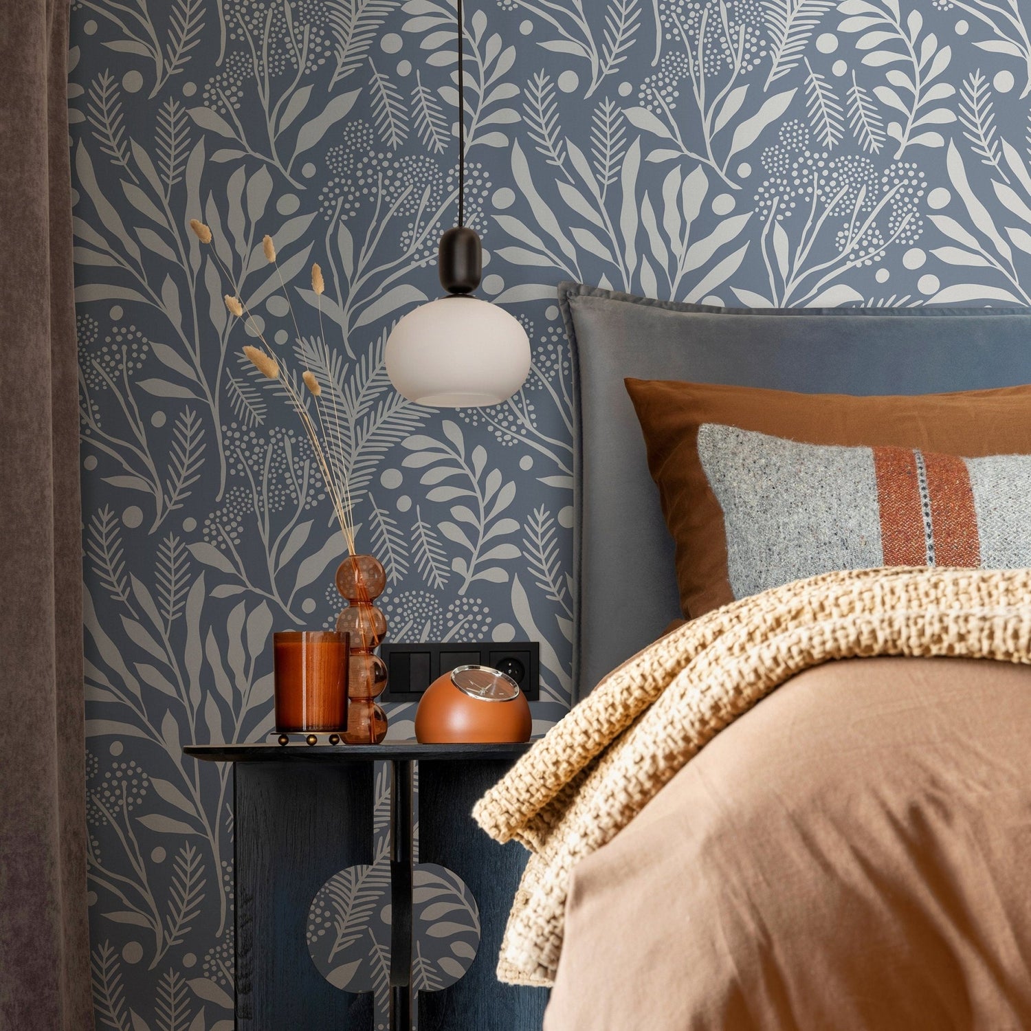 Blue Scandinavian Leaf Wallpaper Peel and Stick and Traditional Wallpaper - A761 - WallTrend