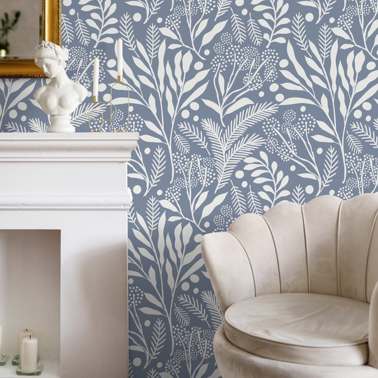 Blue Scandinavian Leaf Wallpaper Peel and Stick and Traditional Wallpaper - A761 - WallTrend