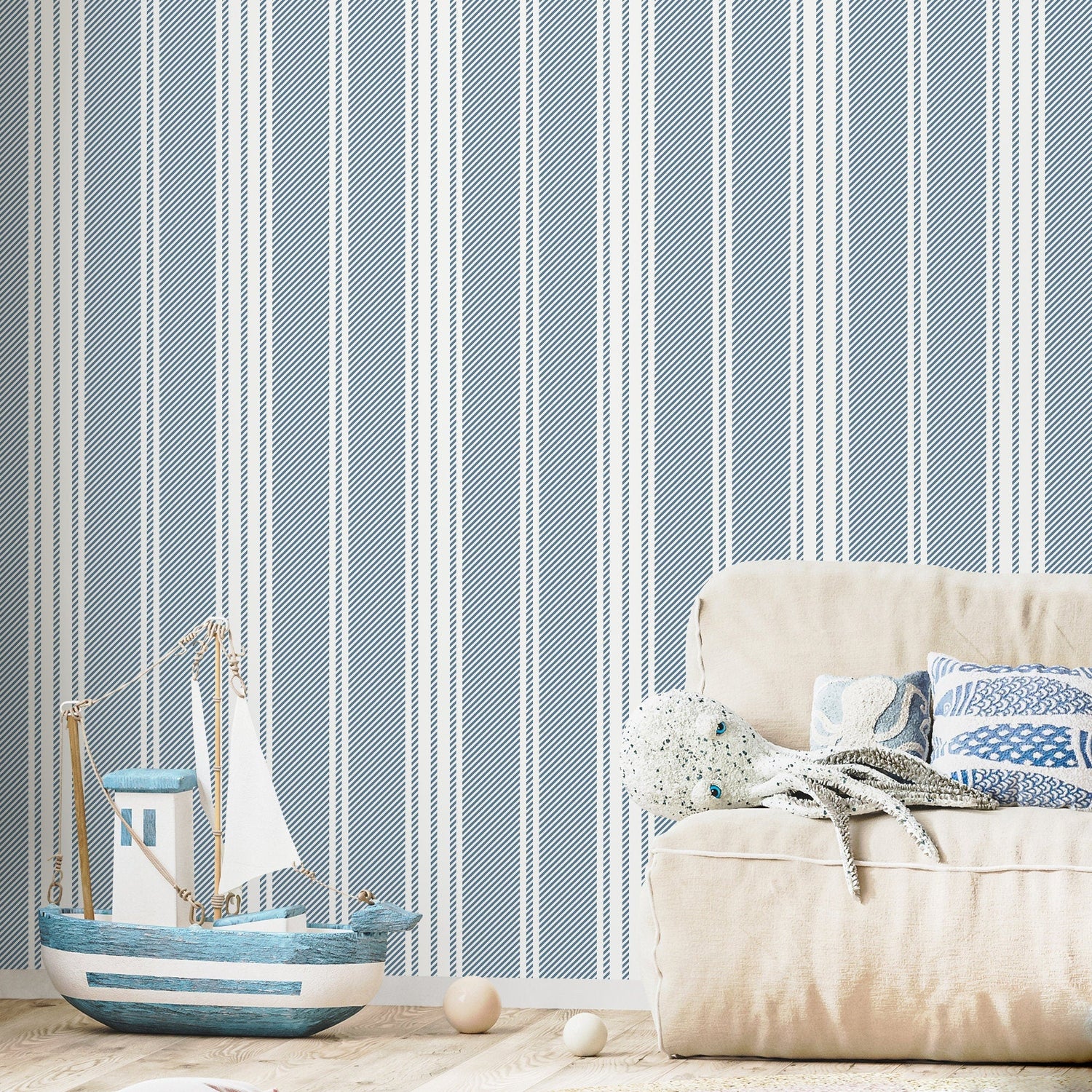 Blue Striped Wallpaper Farmhouse Wallpaper Peel and Stick and Traditional Wallpaper - D781 - WallTrend