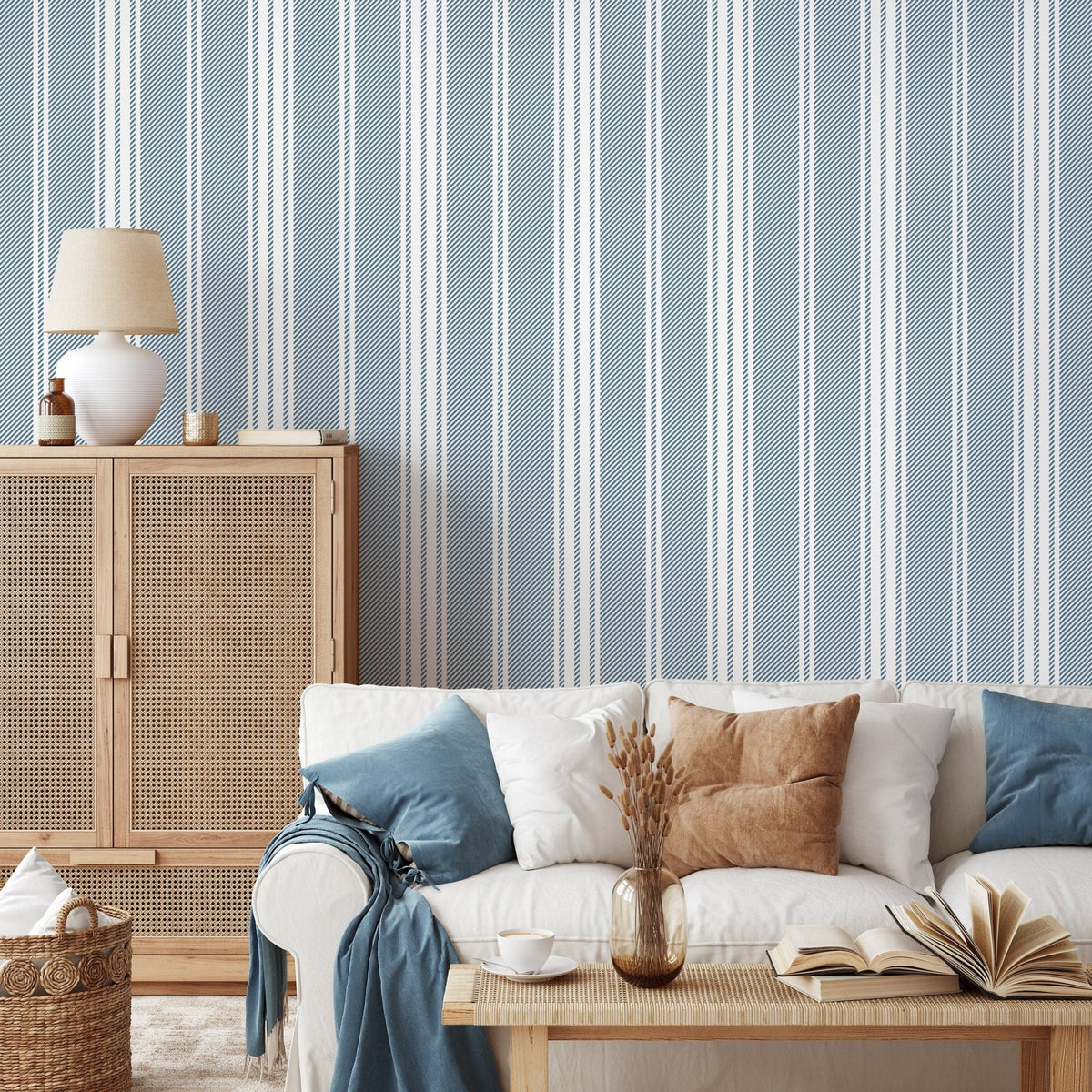 Blue Striped Wallpaper Farmhouse Wallpaper Peel and Stick and Traditional Wallpaper - D781 - WallTrend