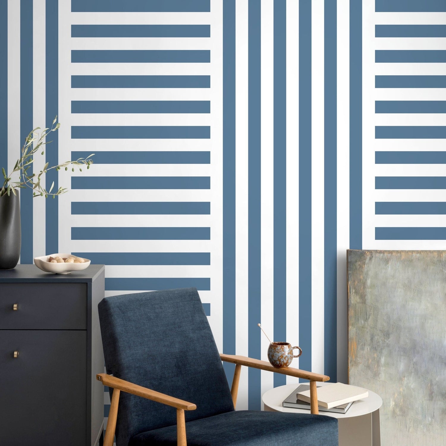 Blue Striped Wallpaper Modern Geometric Wallpaper Peel and Stick and Traditional Wallpaper - D738 - WallTrend